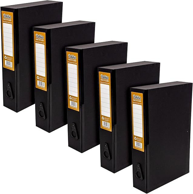 Pukka Pad, Recycled Card Paperboard Box Files for School and Office Document Organisation  Pack 5  with Thumb Pull and Spine Labels - Black
