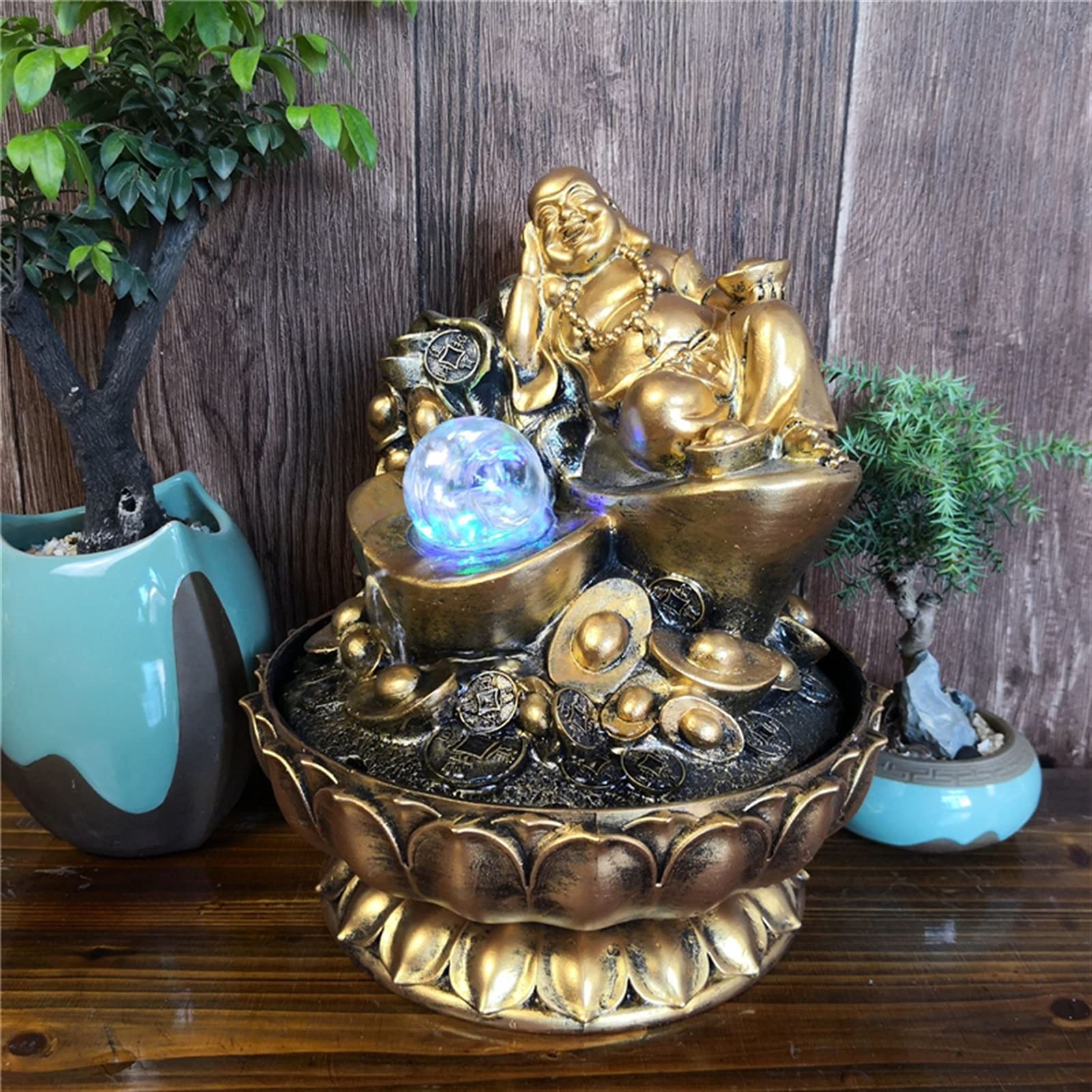 IndoorRelaxation fontanna wodospad ręcznie robione prezenty szczęśliwe feng shui dekoracje złote maitreya statuetki buddy do wnętrz biurko fontanny wodne z świecącymi kulkami akcesoria domowe fontanny
