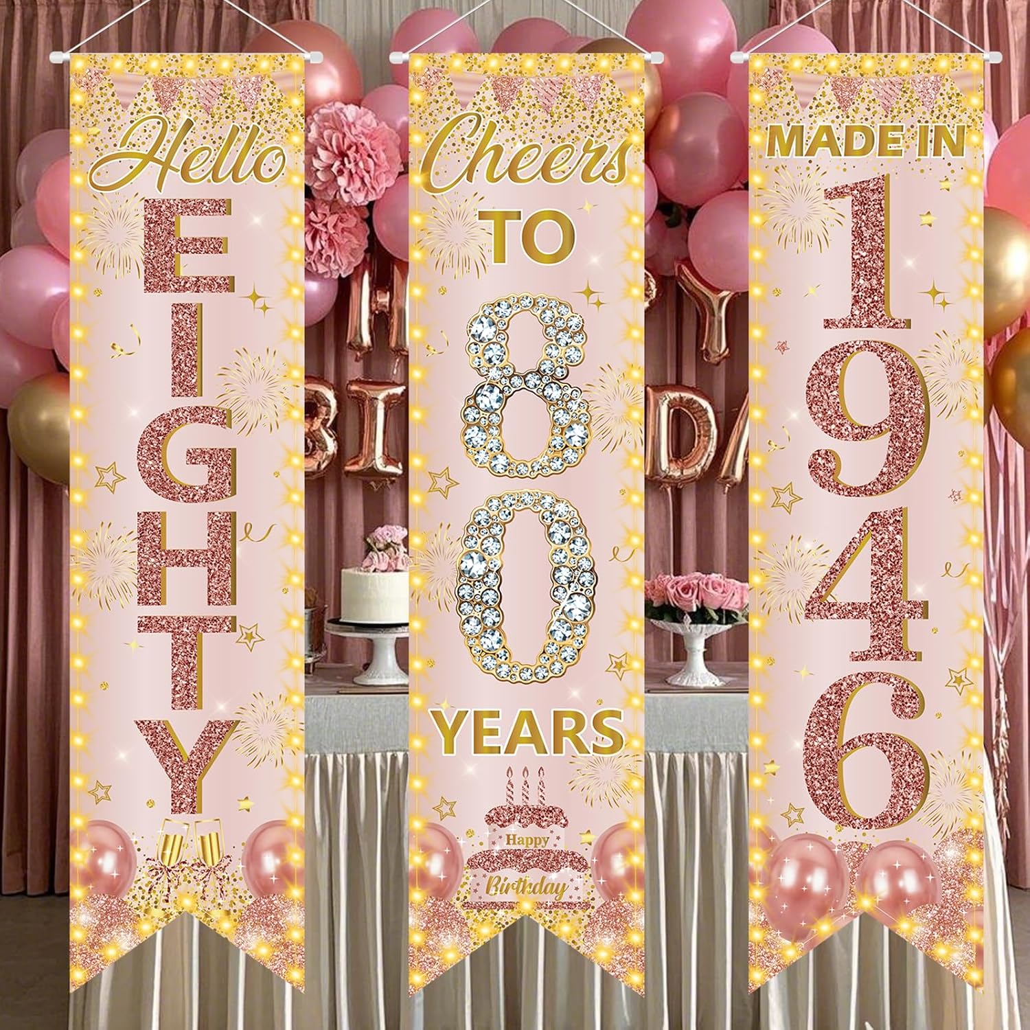 3 Pieces 80th Birthday Party Banners 80th Birthday Decorations for Women Rose Gold 1946 Porch Signs Cheers to 80th Hanging Backdrops Rose Gold White Eighty Birthday Party Door Wall Decor Supplies