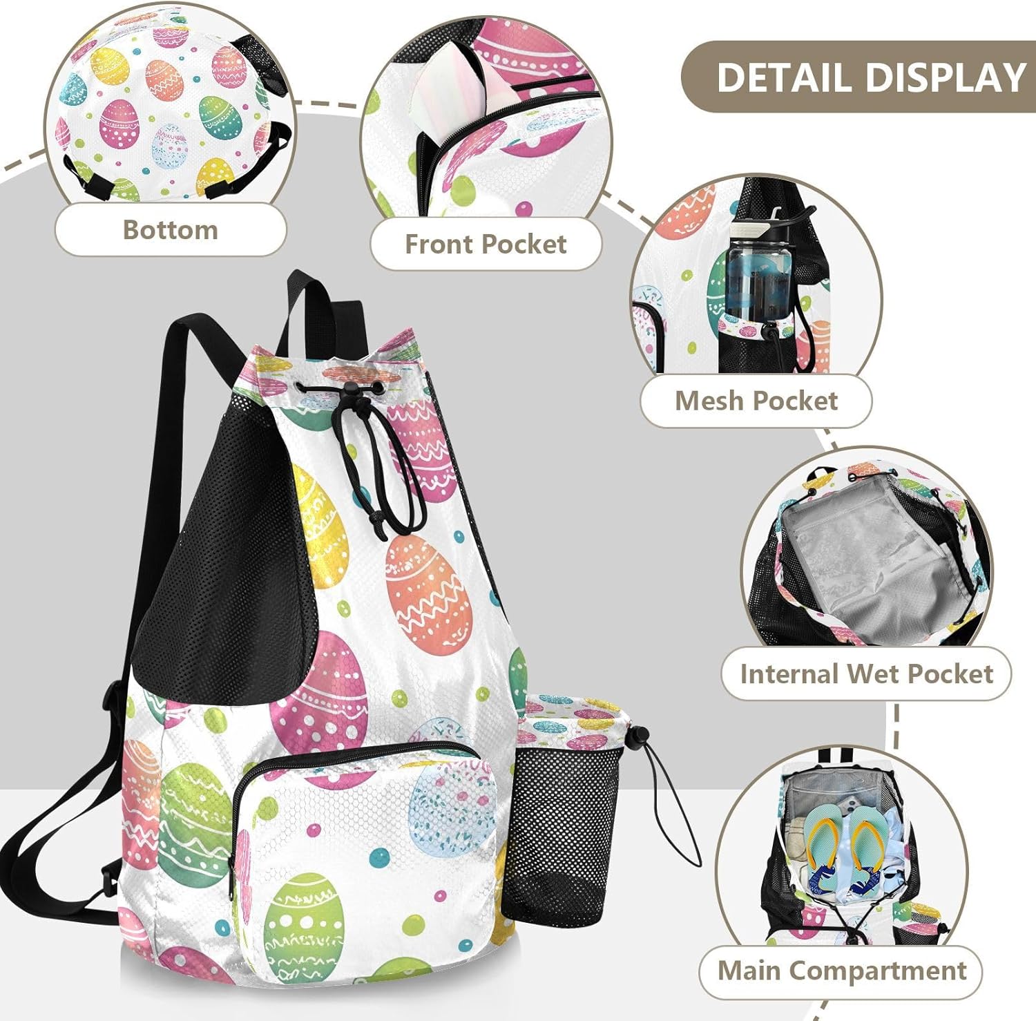 Mesh Gym Swimming Bags for Men & Women, Colorful Easter Eggs Polka Dots Large Drawstring Backpack with Dry-Wet Pocket, Lightweight Gym Bag for Sports, Travel, Beach, Workout Gear