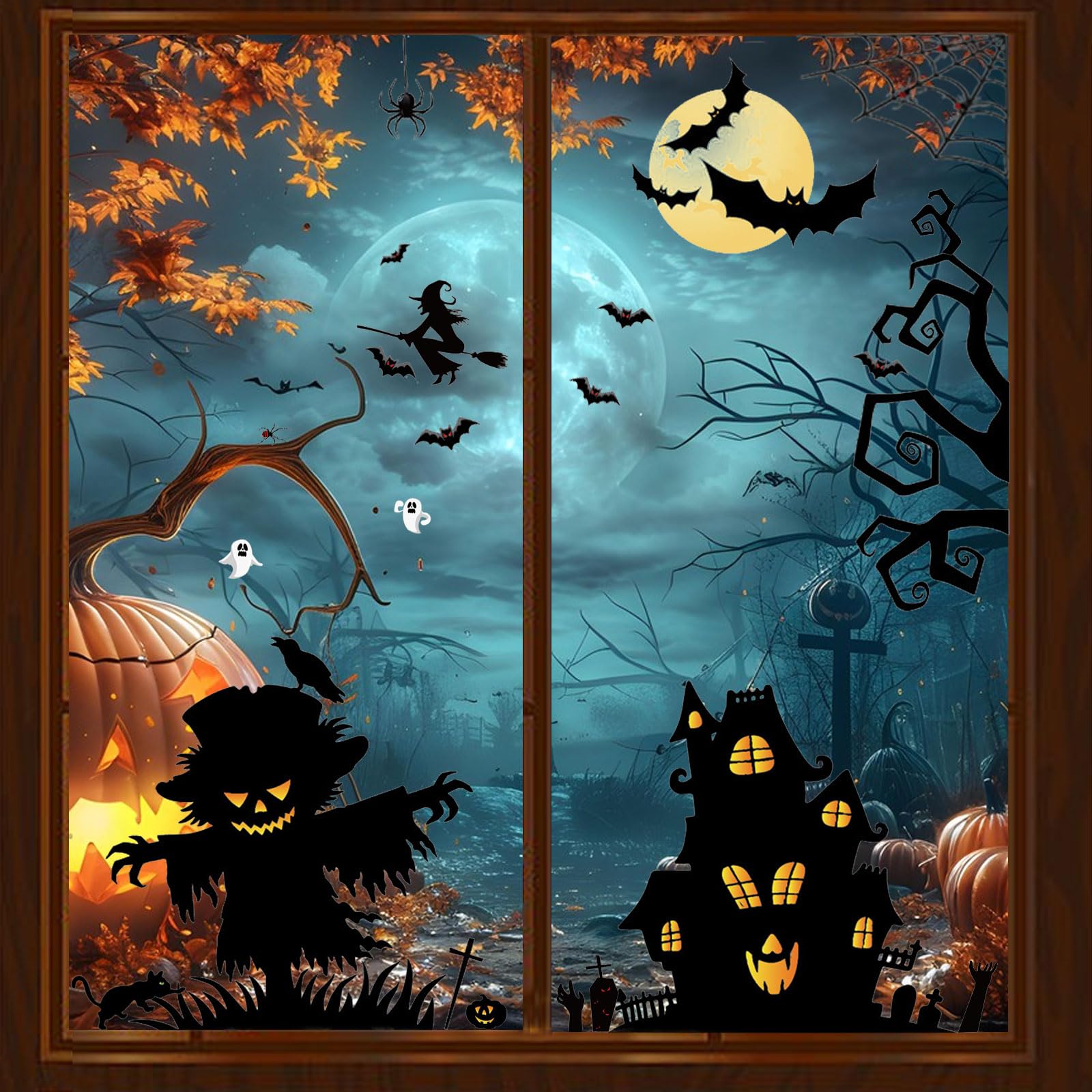 Minicoco Halloween Stickers*2 Halloween Window Stickers - Self-Adhesive Window Clings With Spooky Scarecrows, Bats, Castles, Trees, Monsters & Spiders For Decorations