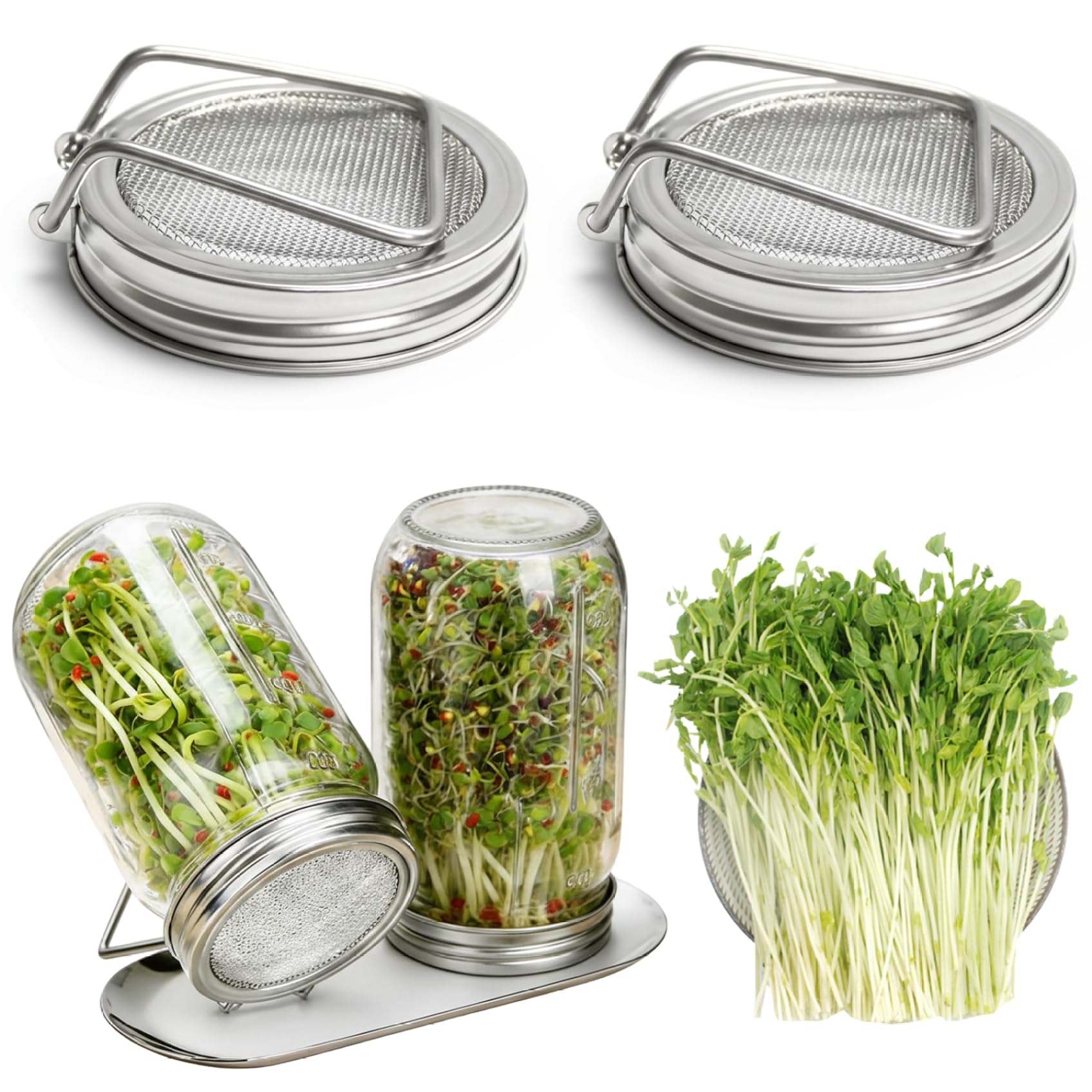 Takingup Sprouting Lids, 2Pcs Stainless Steel Sprouting Jar Lids with Stand, Transparent Wide-Mouth Mason Jar Strainer Lid, Silver, 3.39Inch - Lid