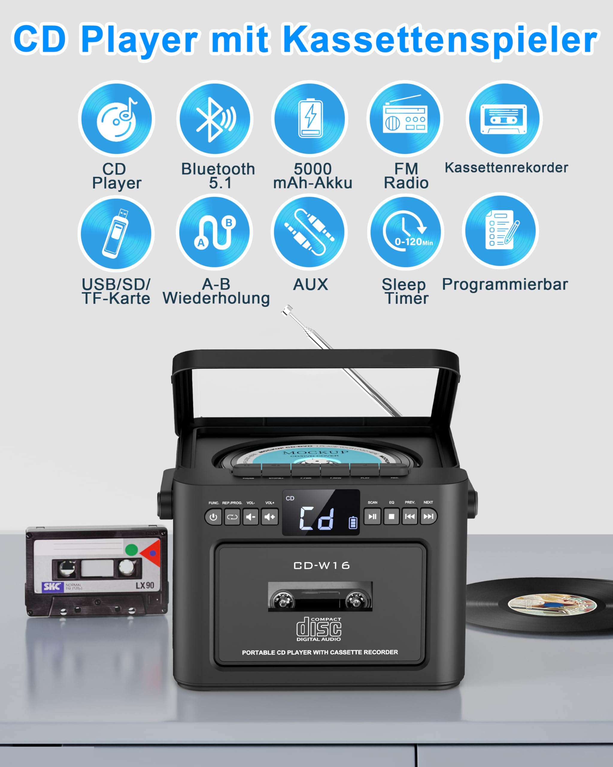 Grado Lettore CD portatile Boombox ricaricabile, Bluetooth, telecomando, batteria 5000 mAh, USB, AUX, scheda TF/SD, altoparlanti stereo 5 W (grigio)