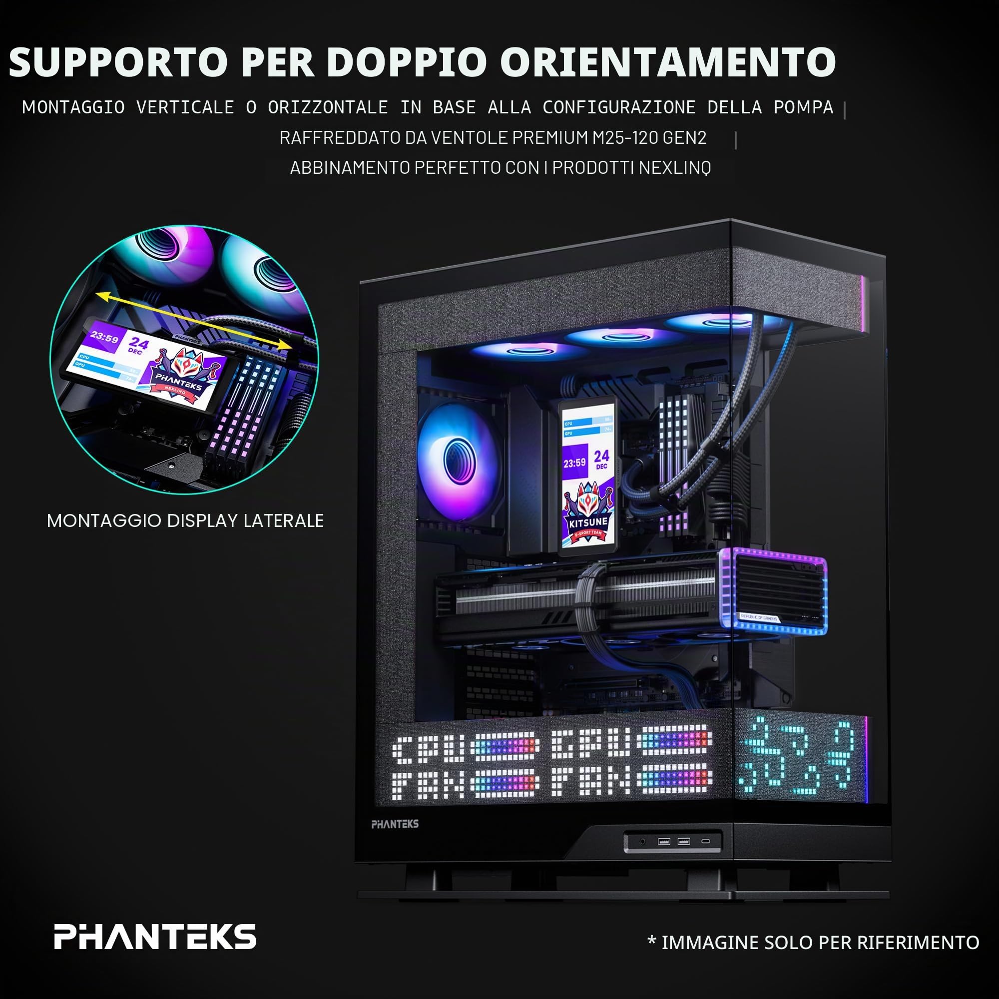 Phanteks Glacier One 360M25-LCD AIO Dissipatore a Liquido per CPU, Display IPS LCD HD da 6”, 3 Ventole 120mm M25 Gen2 D-RGB, Base in Rame ad Alte Prestazioni, Compatibile con Intel & AMD, Nero