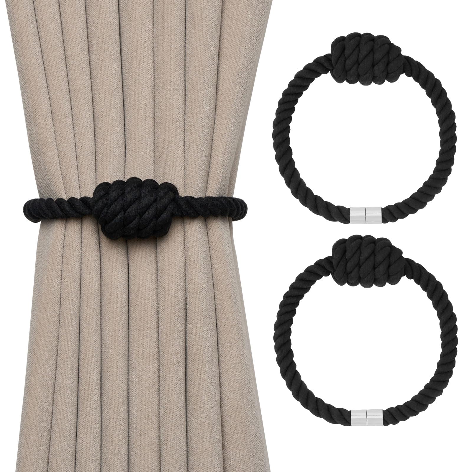 Pretty Jolly 2 Pack Natural Cotton Rope Magnetic Curtain Tiebacks Boho Style Drape Tie Backs Elegant Hand Weave Rope Knot Decorative Curtain Holdbacks for Home & Office Window Drapery (Black)