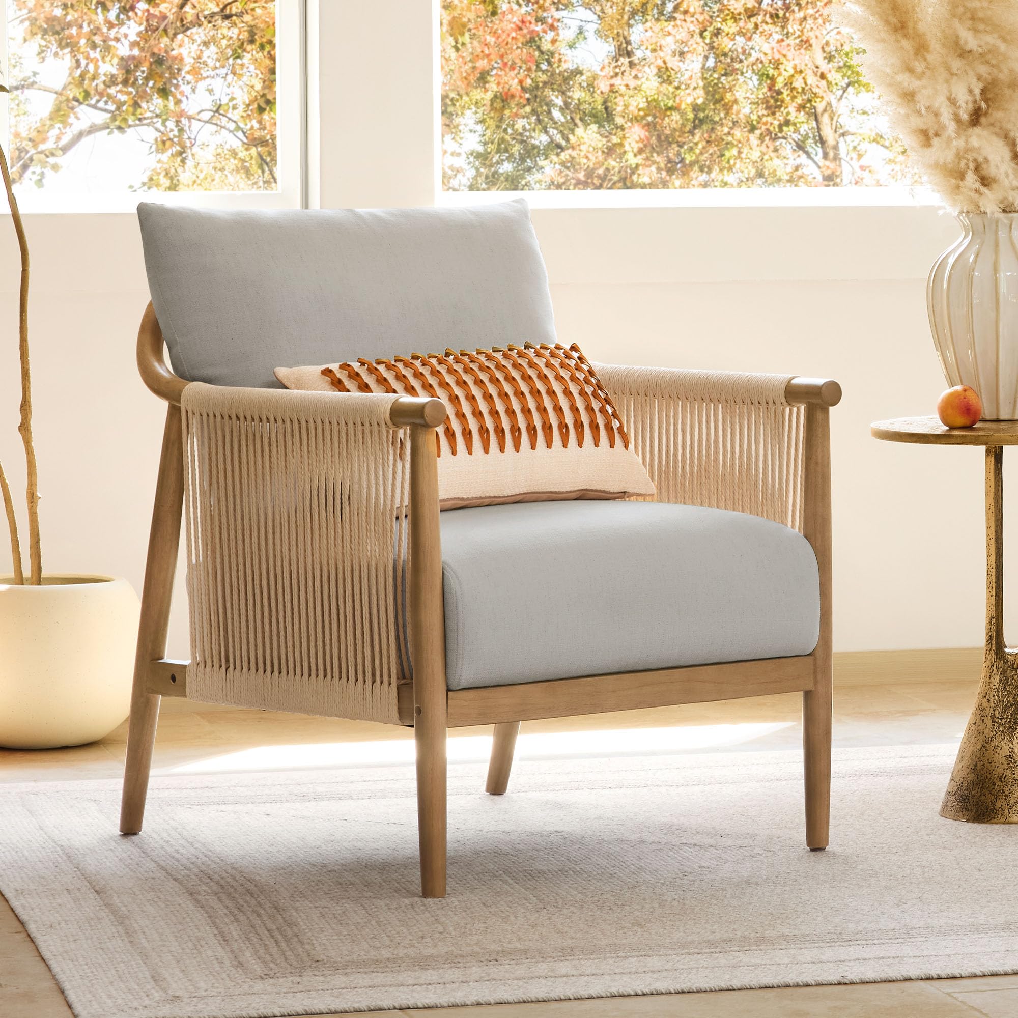 CHITA Braid Accent Chair, Modern Armchair with Solid Wooden Armrest for Living Room and Bedroom, Boho Reading Chair, Light Grey