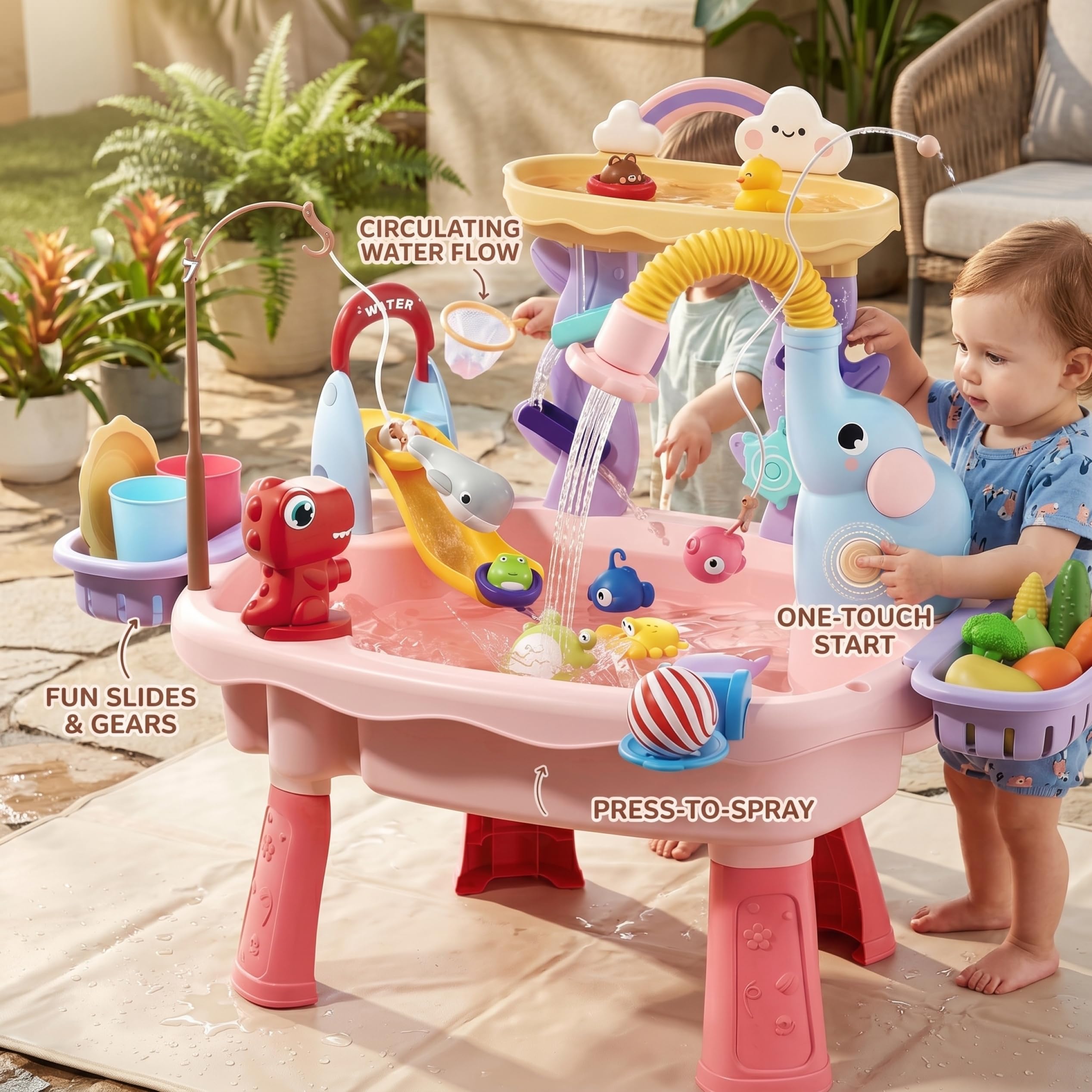 Wassertisch für Kinder, Wasserspieltisch für Kleinkinder, doppelschichtiges 6-in-1-Sandspielzeug mit Umlaufsystem, Rutsche und Angelspiele |.Sensorische Spielzeuge und Spiele für Kinder