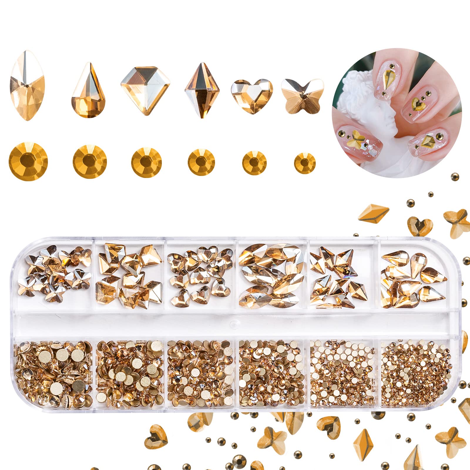Nail Art Rhinestones, Multi Shapes Glass Crystal AB Rhinestones, 3D Flatback Crystals Diamonds Nail Gems for Nail Art Craft (Champagne Gold)