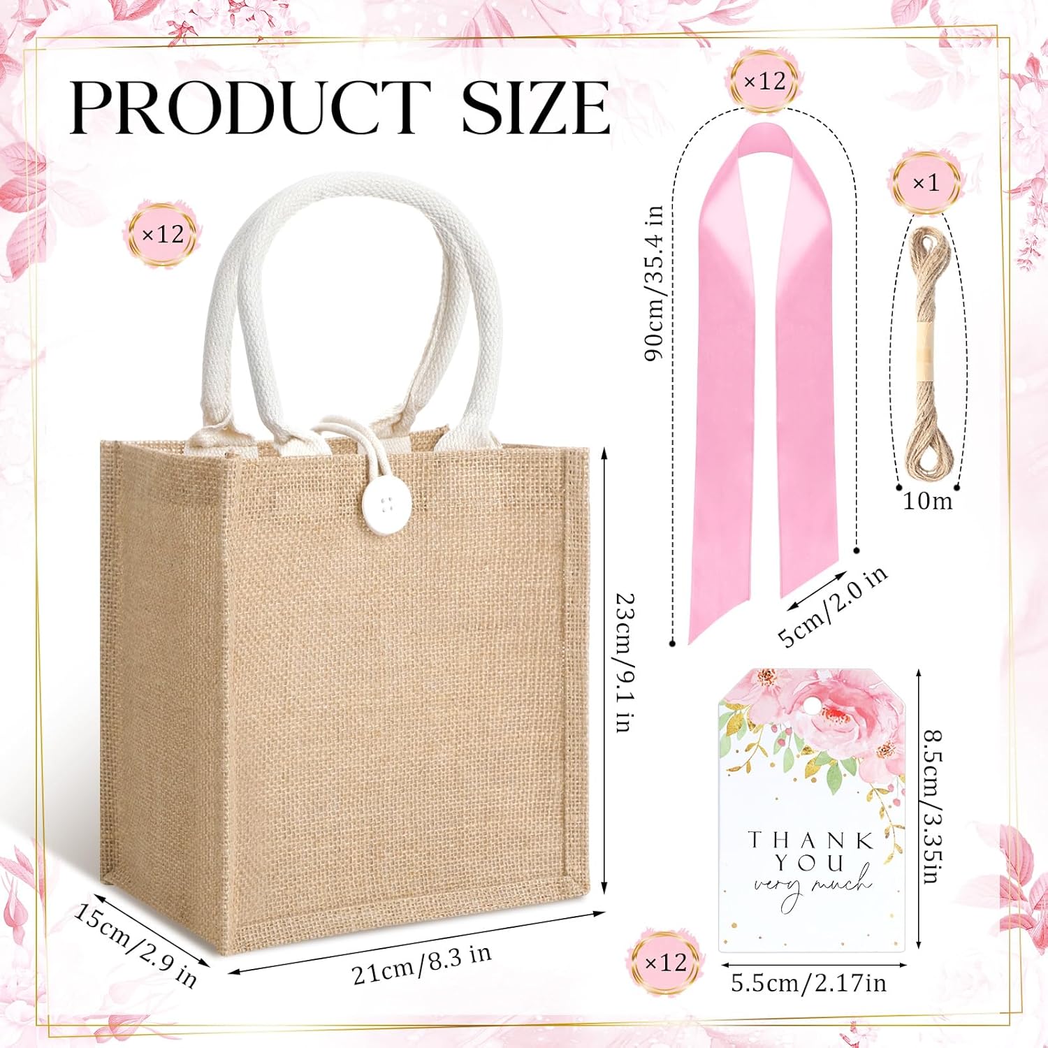 Windyun 12 Pcs Burlap Tote Gift Bag with Handle, Reusable Gift Bag with Thanks Card and Ribbon for Wedding Bridesmaid Party - Image 3