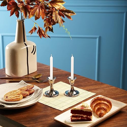 Miniatura 8 de Rely+ Juego de 2 portavelas plateados, portavelas decorativo para velas cónicas para decoración del hogar, portavelas de Pascua modernos para cena,