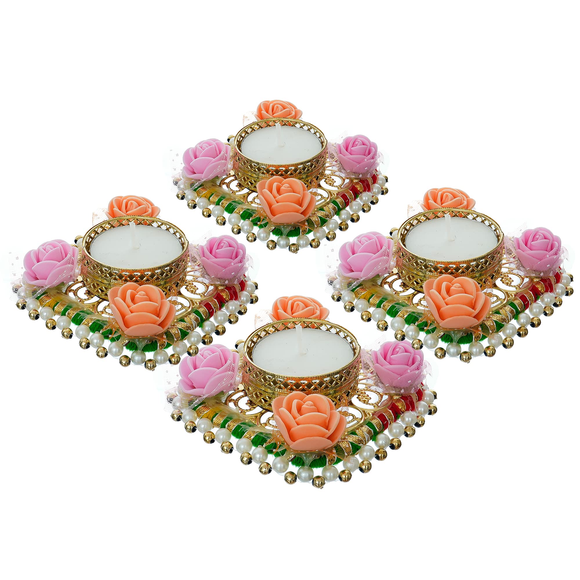 Divyakosh Decorative Flower Diya for Diwali Ganesh Decoration Handmade Reusable Diya for puja Tealight Candle Festival Aarti Wax Filled Dia batti Multipurpose Oil lamp Holder Items deepam Lights (4)