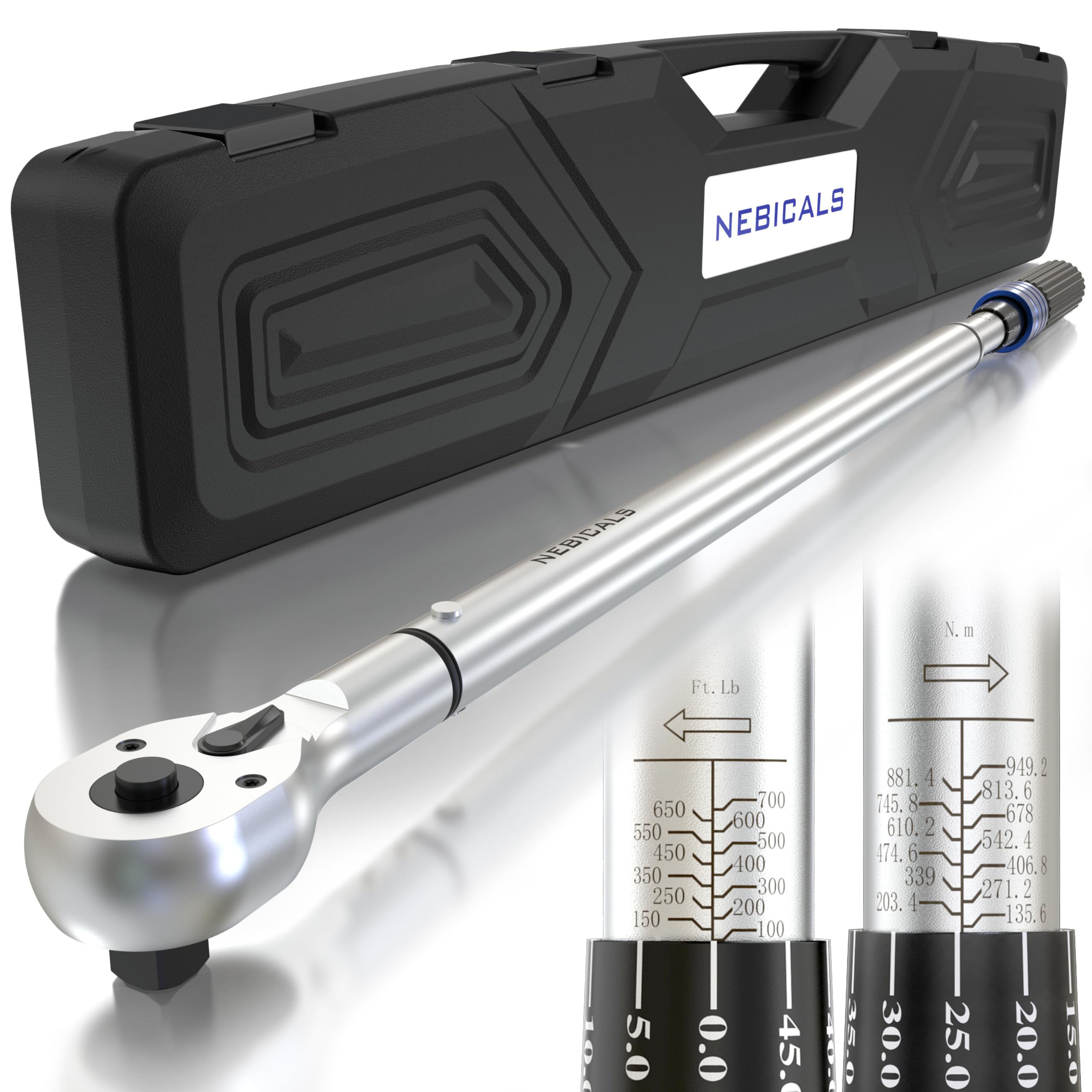 NEBICALS 3/4'' Inch Drive Torque Wrench 100-700 Ft Lb / 135-949NM /High hardness & strength/Long lifetime/Less effort for Off-road equipment/Truck/