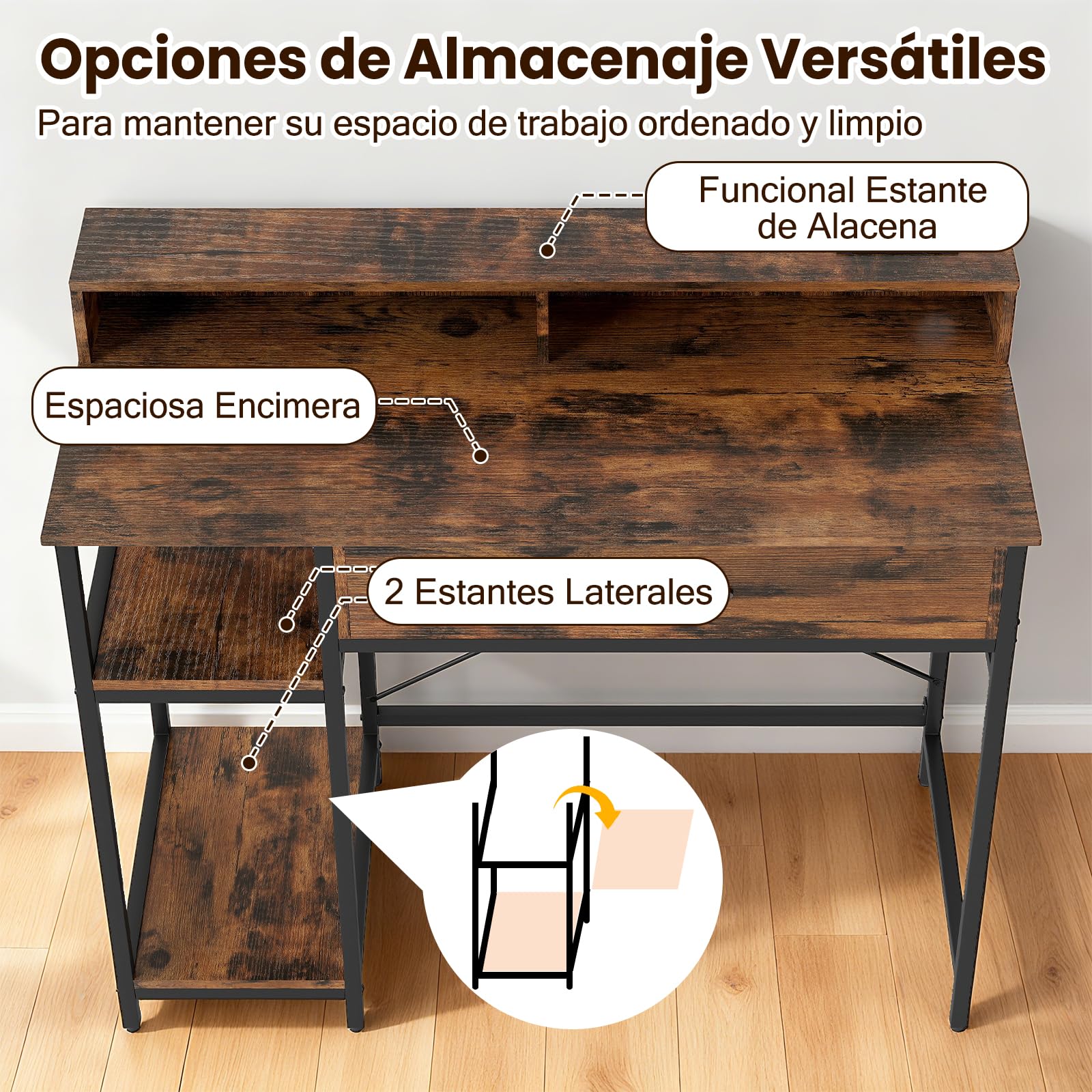 COSTWAY Escritorio con Enchufes, 106 x 48 x 90 cm, Mesa Escritorio con Cajón y 2 Estantes Abiertos, Estructura de Metal, Mesa de Ordenador Oficina Dormitorio (Marrón Rústico)