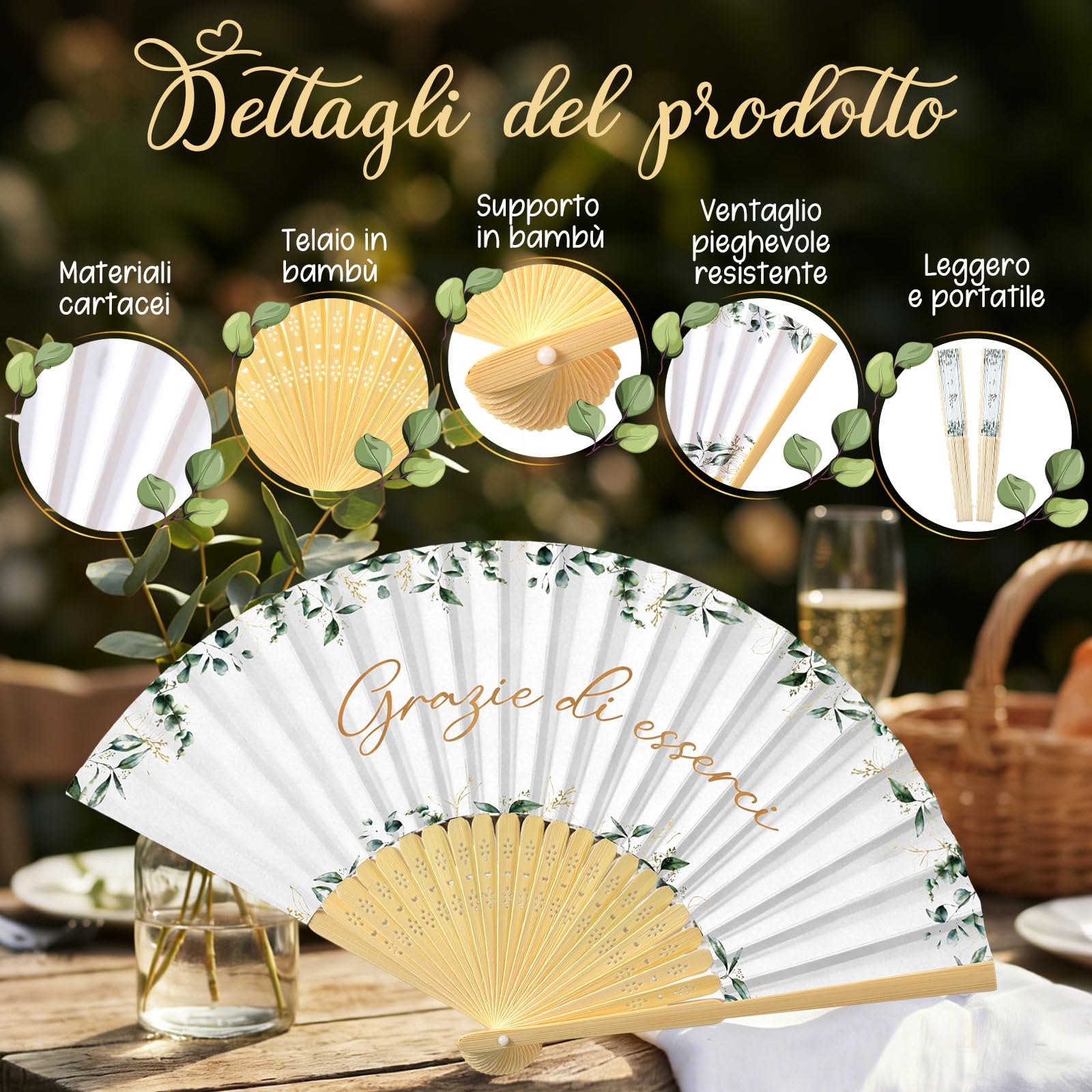 Namalu 60 Pezzi Ventaglio Matrimonio Carta con Manico in Bambù Grazie di Esserci Segnaposto Bomboniera Ventagli Pieghevoli Bianchi Eucalipto 60 Sacchetto Idee Regalo per Ospiti Estate Compleanno Festa