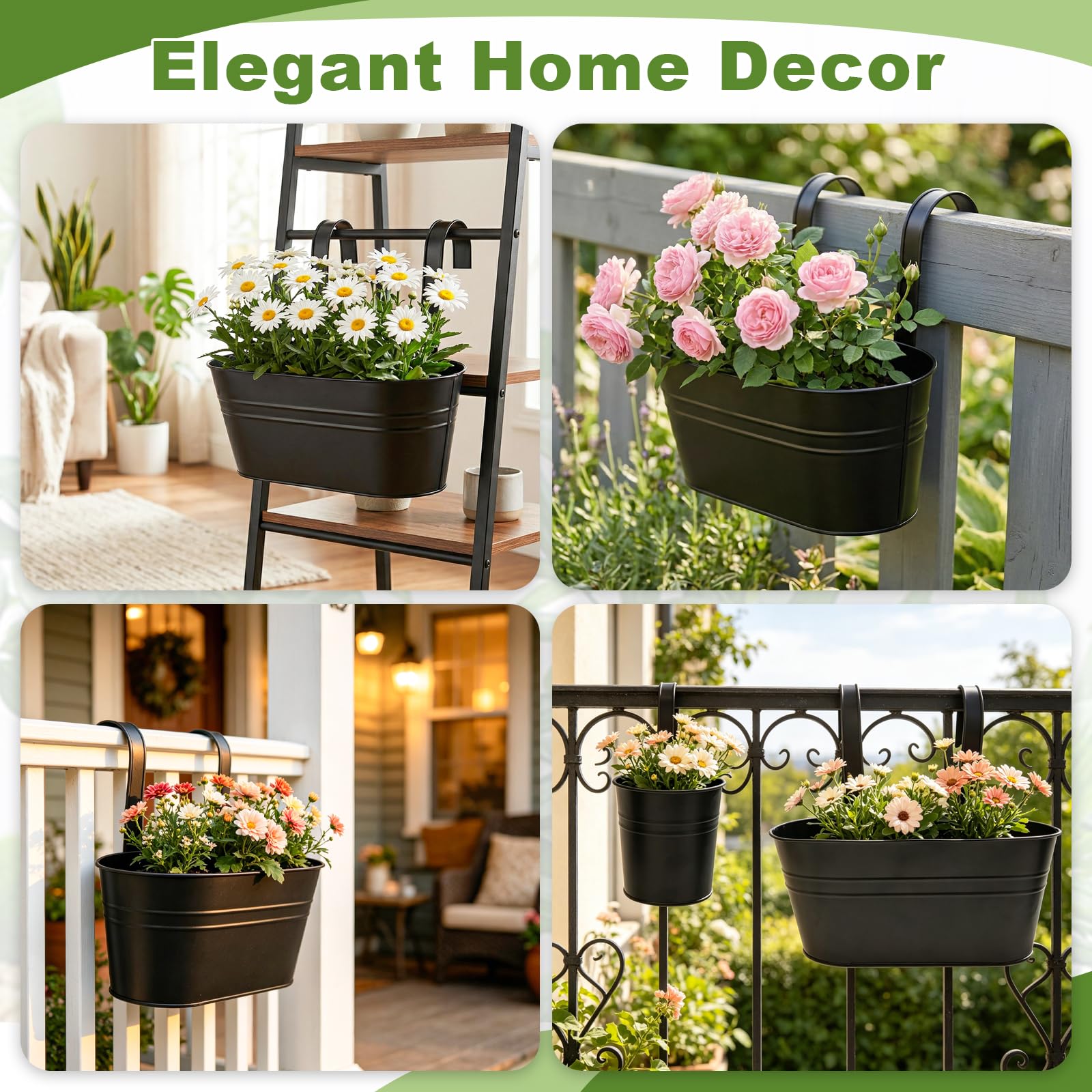 Lot de 6 Pots de Fleurs à Suspendre en Métal, Seaux à Fleurs Suspendre avec Crochet Amovible,Pots Suspendus Balcon Décor avec Set de 3 Outils de Jardinage