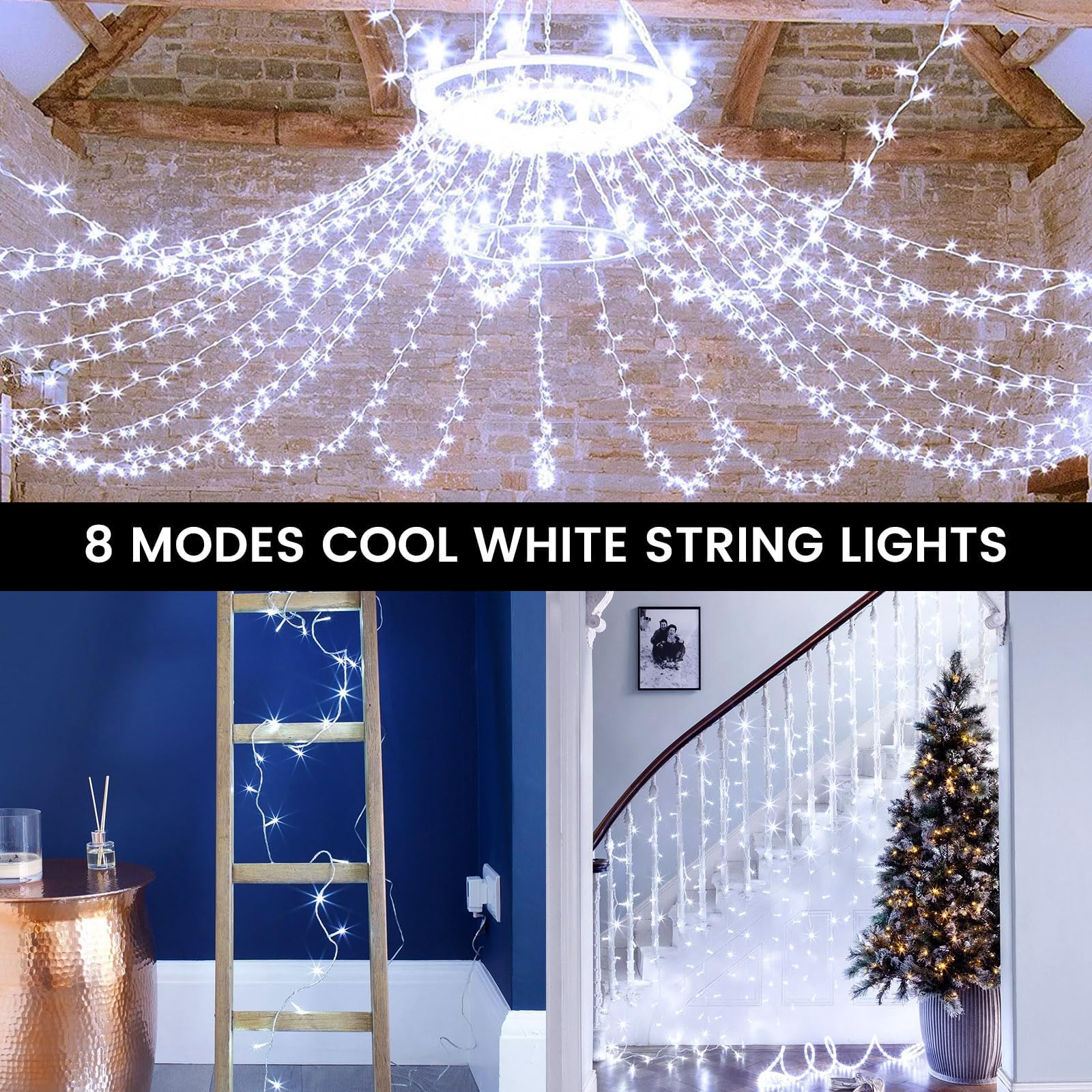 Paquete de 4 luces de cadena que funcionan con pilas con temporizador, 400 luces LED impermeables parpadeantes, 8 modos de luz de hadas para interiores y exteriores, fiesta, dormitorio, porche, árbol