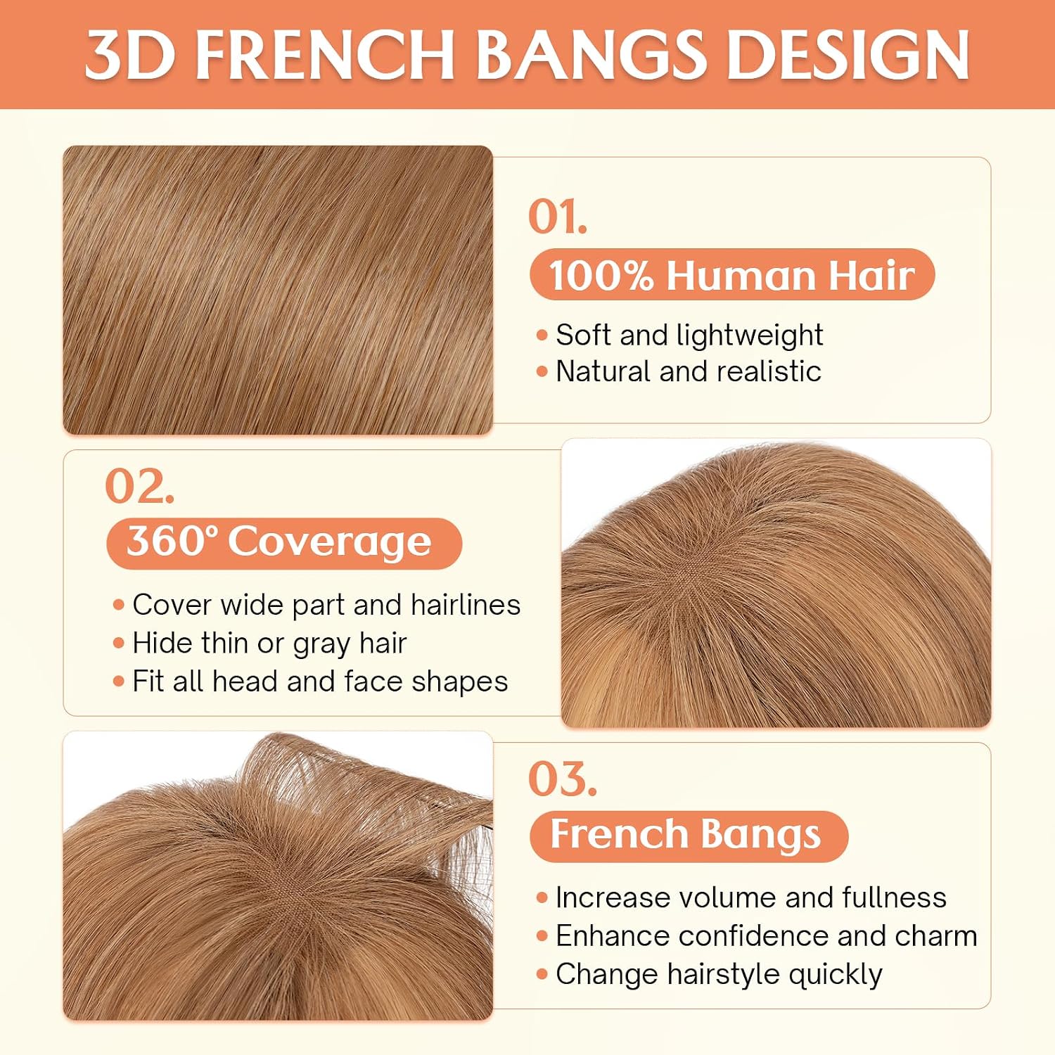Benehair Clip in Bangs 100% Real Human Hair Extensions 360° Cover Clip on 3D Wispy Bangs for Women Topper Hairpieces for Women Light Brown 11 Inch