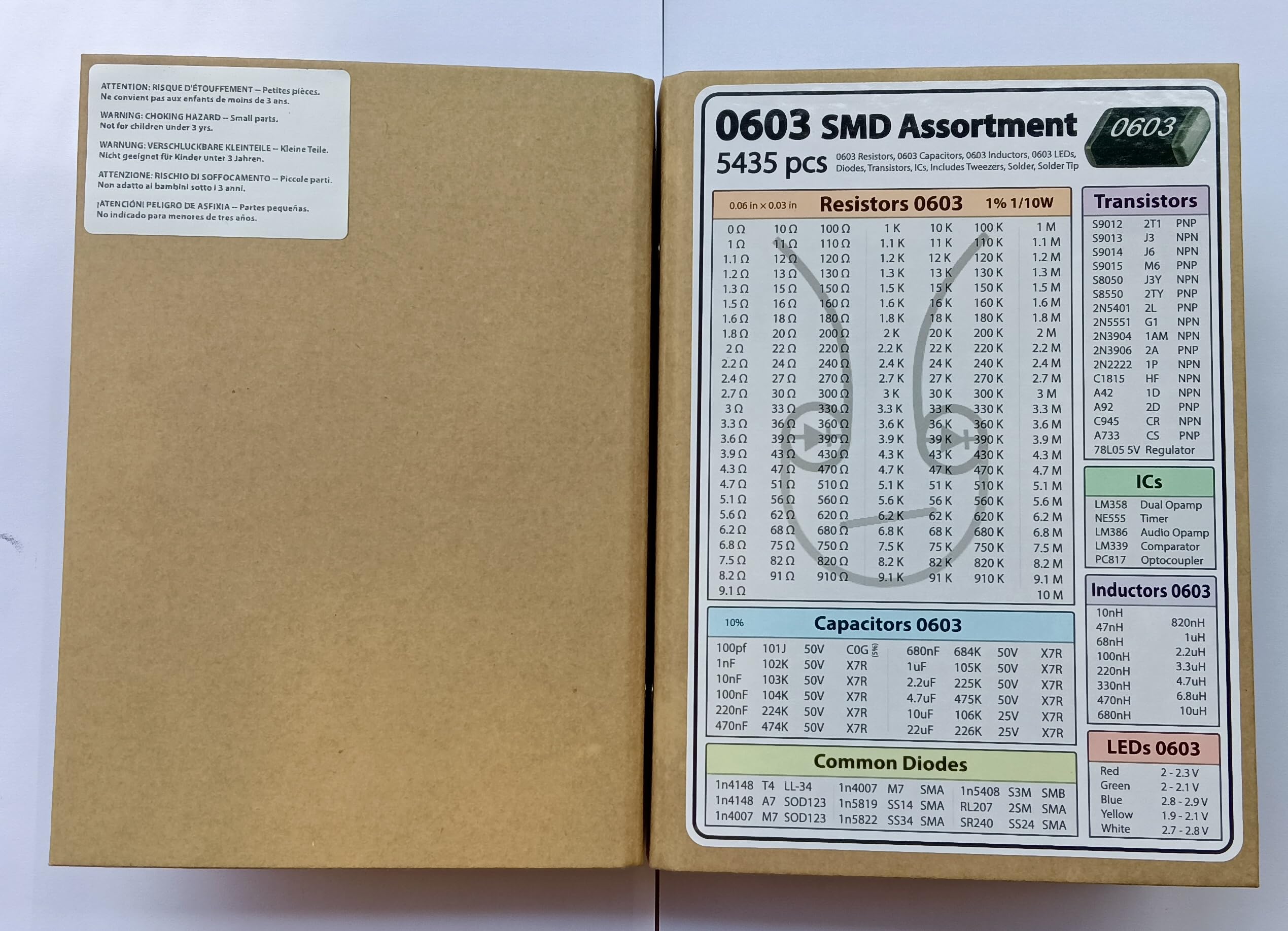 SMD SMT 0603 Elektronische Bauteile Sortiment Buch, Widerstand, Kondensator, Diode, Transistor, löten, 5435 Stück