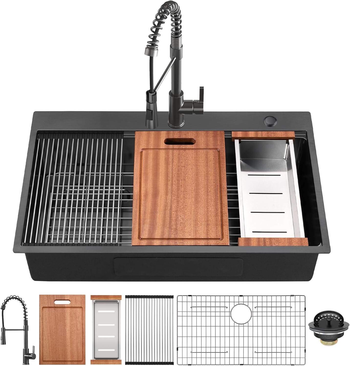 36 inch Gunmetal Black Drop in Kitchen Sink, ALWEN Top Mount Single Bowl Workstation Deep Sink, PVD Nano Stainless Steel with Pull Out Faucet & Accessories