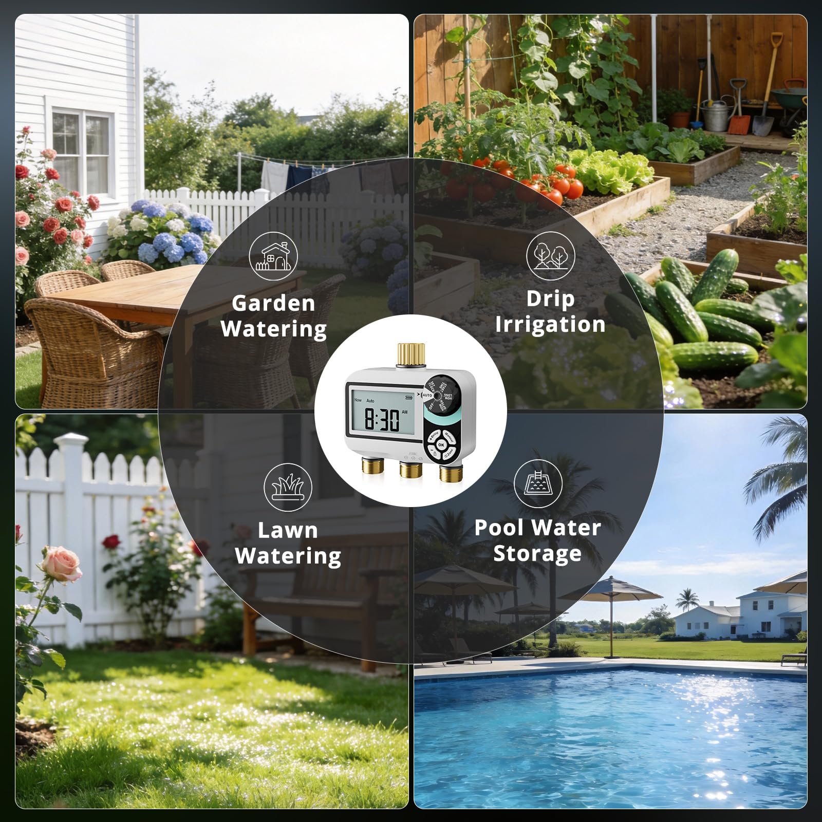 QUOBAS Timer per irrigatore per tubo da giardino, programmabile in ottone, timer digitale dell'acqua con blocco bambini, ritardo pioggia/auto/manuale, 3 modalità, grande schermo impermeabile