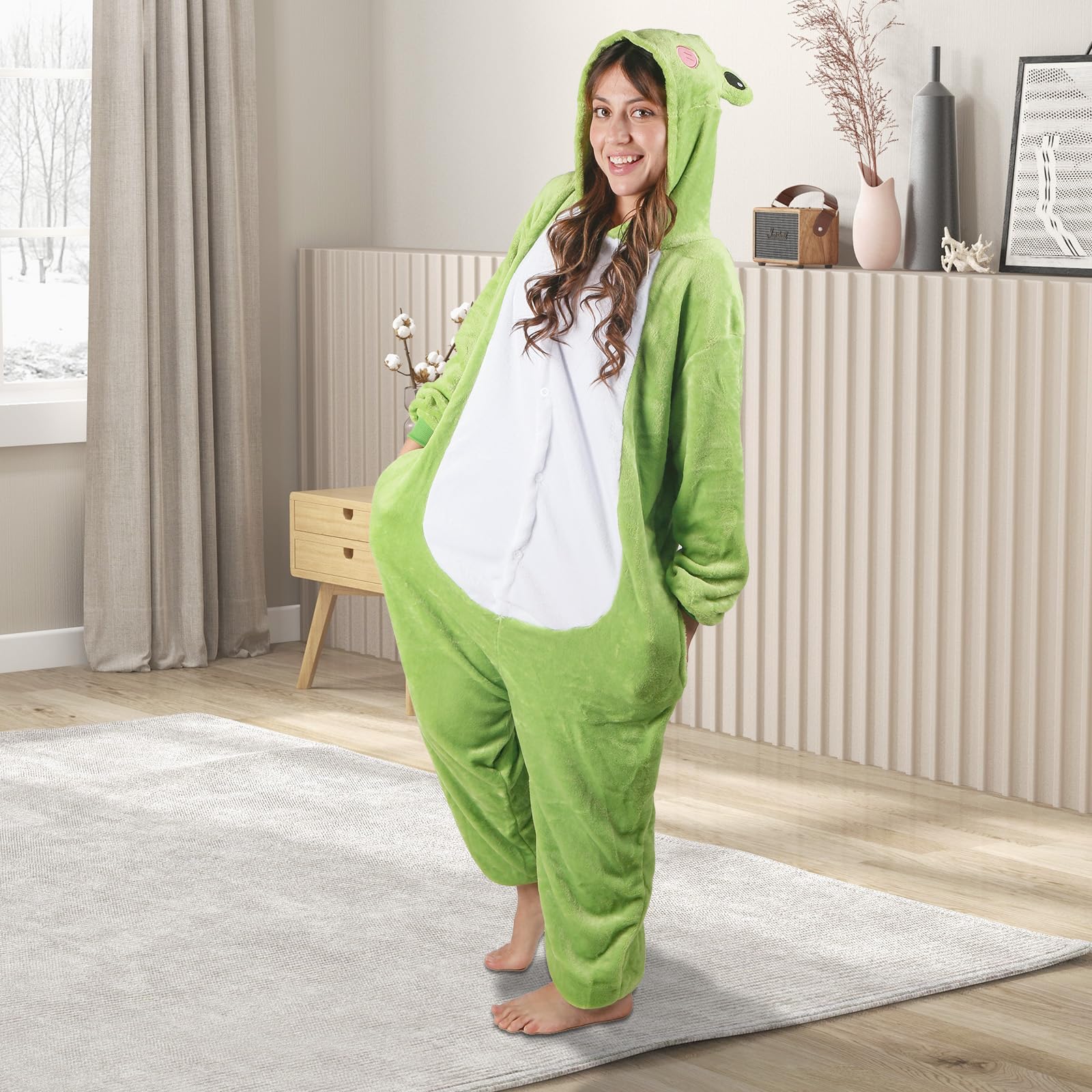 Costume de grenouille unisexe - Pyjama une pièce - Combinaison pour adulte - Avec capuche - Animal - Vêtements de nuit - En peluche - Pour homme et femme - Pour Halloween, carnaval, cosplay
