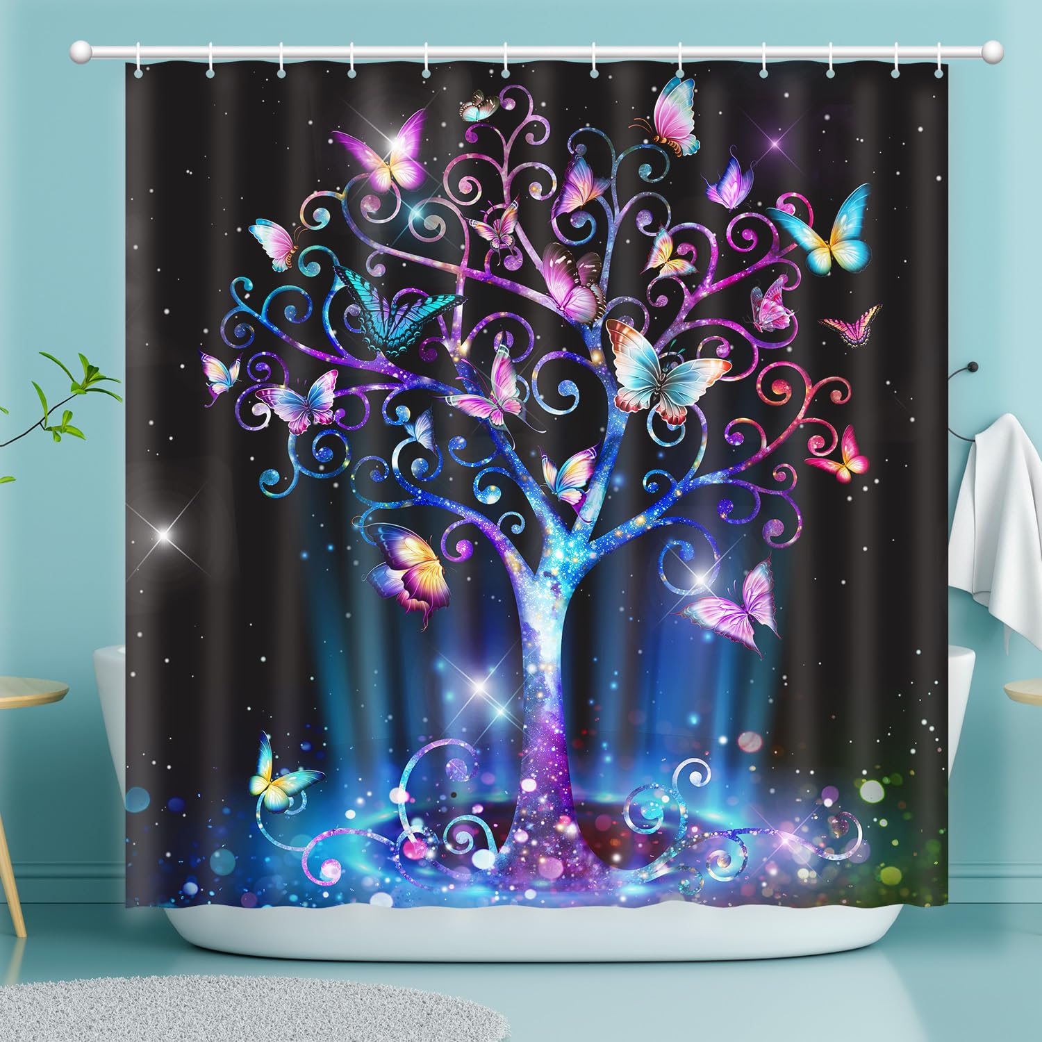 Shower Curtain Butterfly Tree, Shower Curtain for Bathroom, Fluorescence Tree Shower Curtain Sets with 12 Hooks Waterproof Polyester Fabric Machine