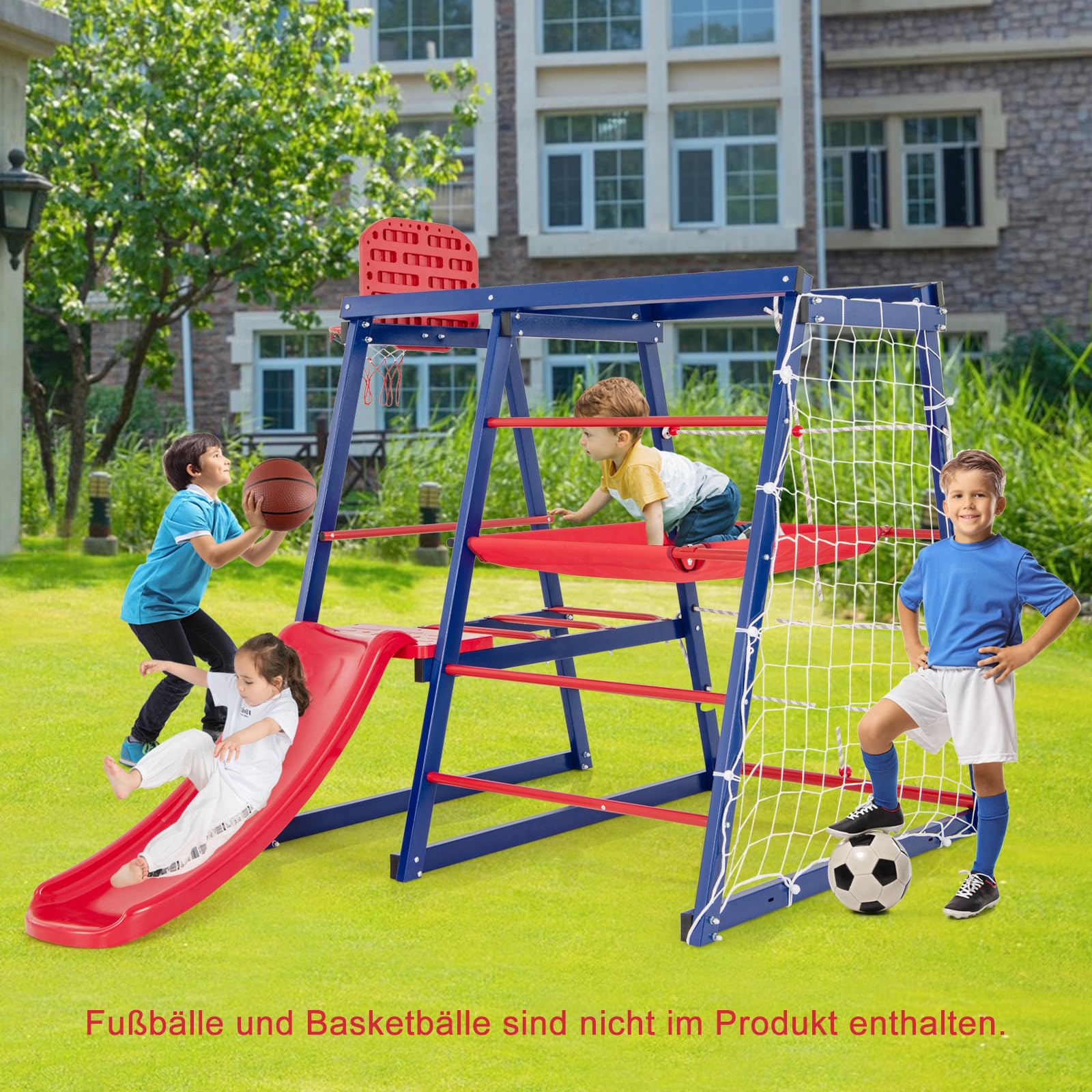 COSTWAY Klettergerüst Outdoor, 7 in 1 Spielplatz mit Rutsche, Kletterleiter, Strickleiter, Fußballnetz, Basketballkorb, Stoffplattform & Kunststoffplattform, für 3-4 Kinder, 150 x 142 x146cm