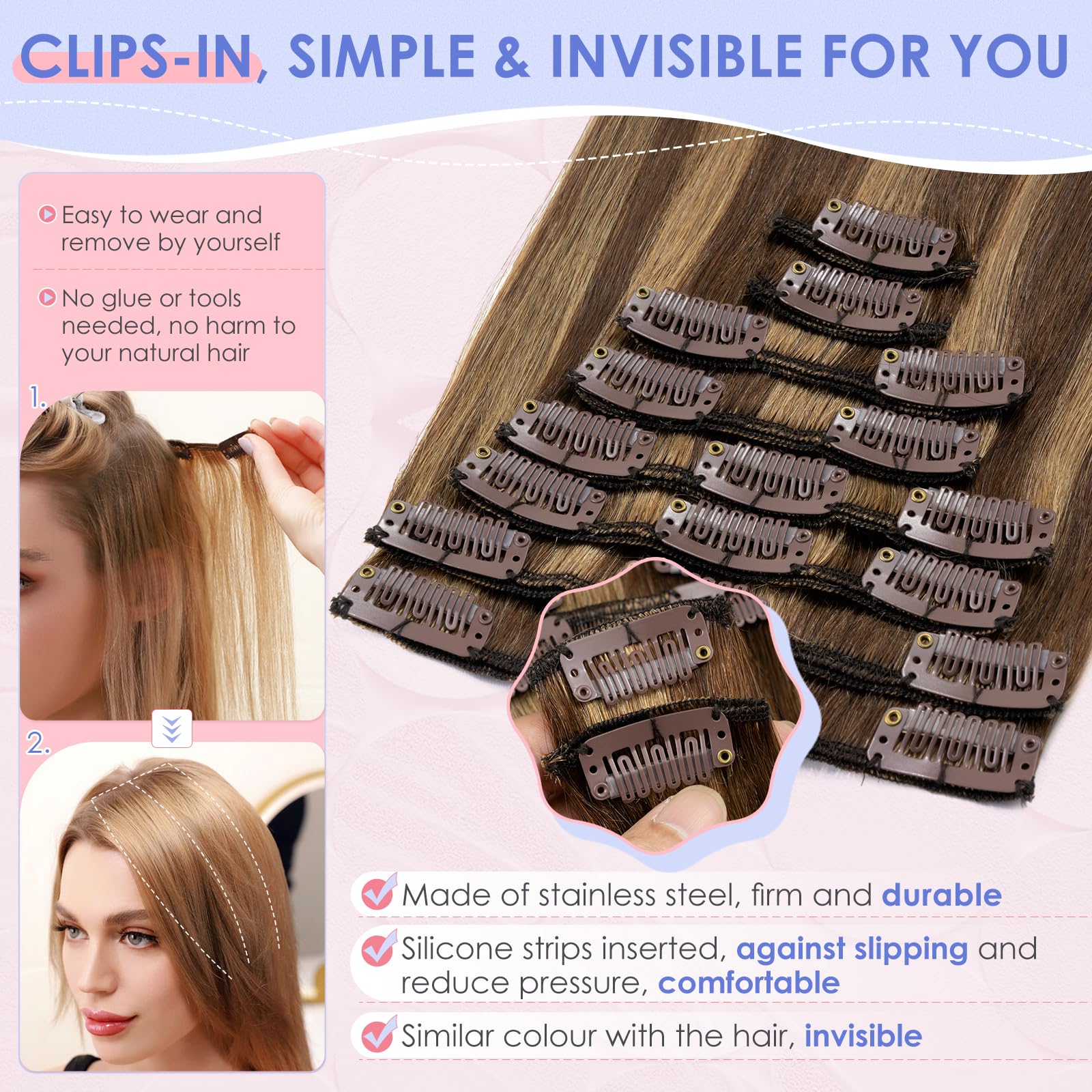 Elailite Clip in Hair Extensions Real Human Hair 8 Pieces (Thin Weft) Straight - #4/27 Medium Brown Mix Dark Blonde - 24 Inch (80 g) - Image 3