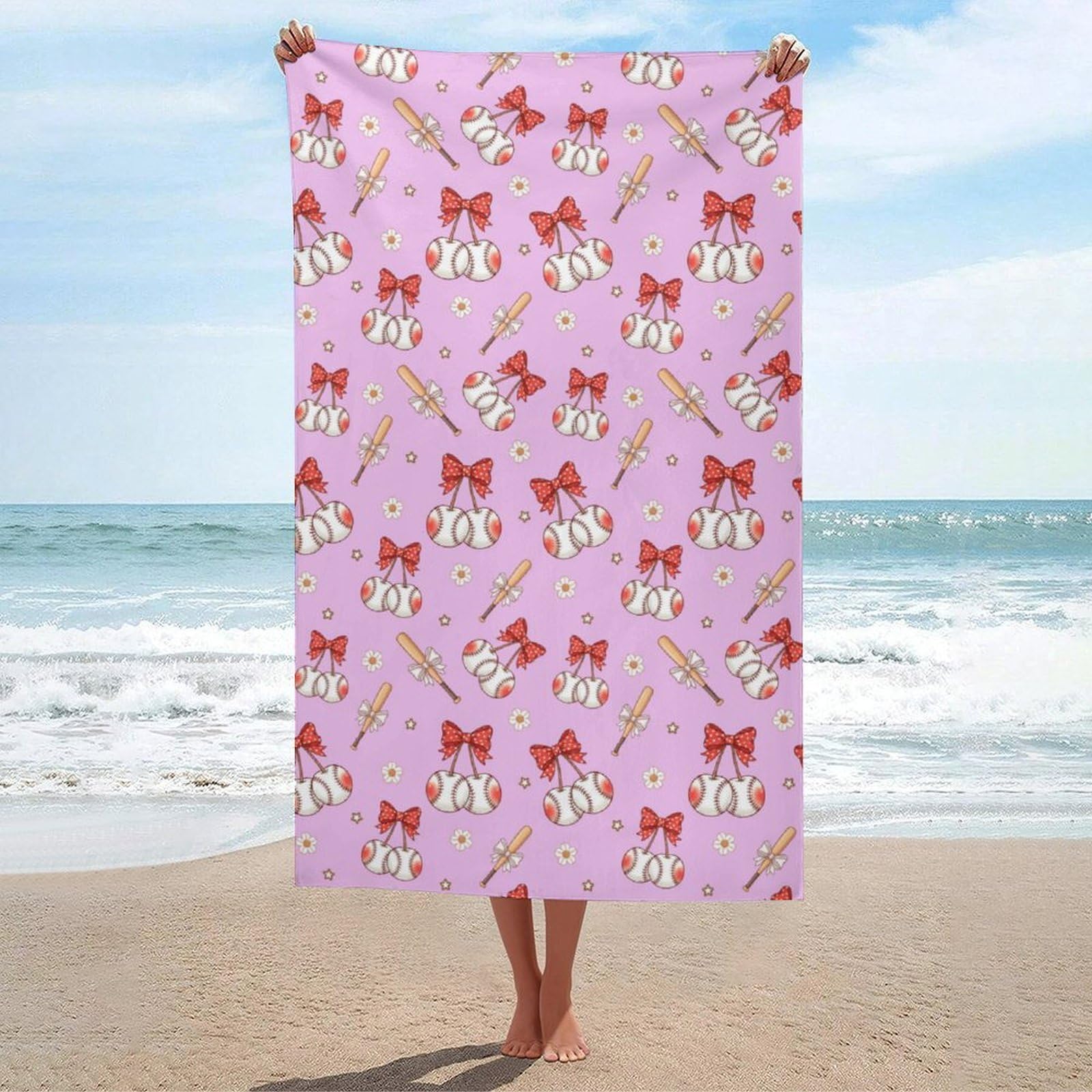 Anceky Beach Towel Quick-Dry Baseball Cherry Bath Towels Beach Towel Large Absorbent Bath Towel for Home Gym Travel 31 X 51 in