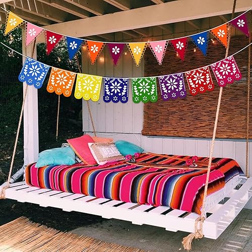 Miniatura 6 de Qyeahkj Mantel mexicano de 57 x 79 pulgadas, manta de serape mexicano, 2 pancartas de fiesta mexicana, pancartas de papel picado, banderines