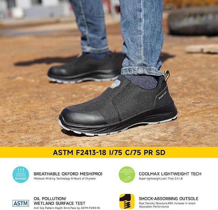 Mens Lightweight Composite Toe Safety Shoes Anti-Fatigue Breathable Work Shoes Slip On Kevlar Puncture Resistant Work Boots