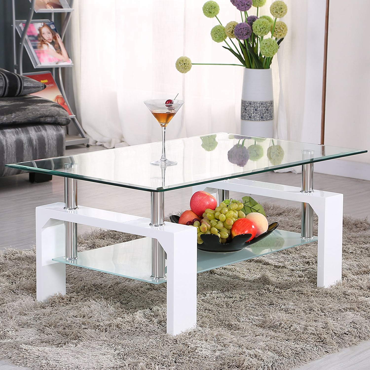 Mecor Rectangle Glass Coffee Table-White Modern Side Coffee Table with Lower Shelf Wooden Legs-Suit for Living Room