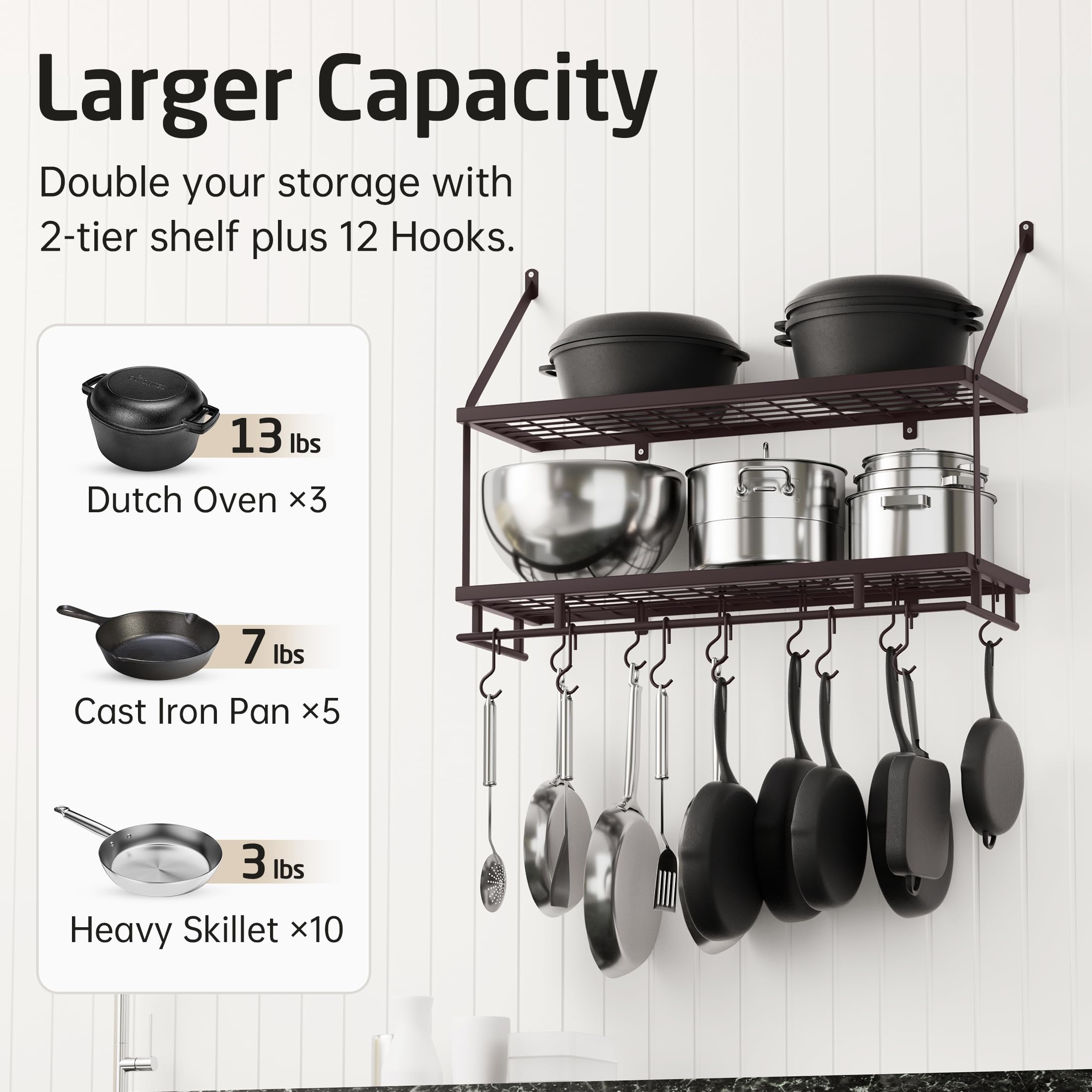 KES KUR215S75B-OB - Portapentole da parete in bronzo oliato, 76 cm, organizer a 2 ripiani per pentole e padelle con 12 ganci robusti, mensole appendiabiti da parete per cucina, stile rustico