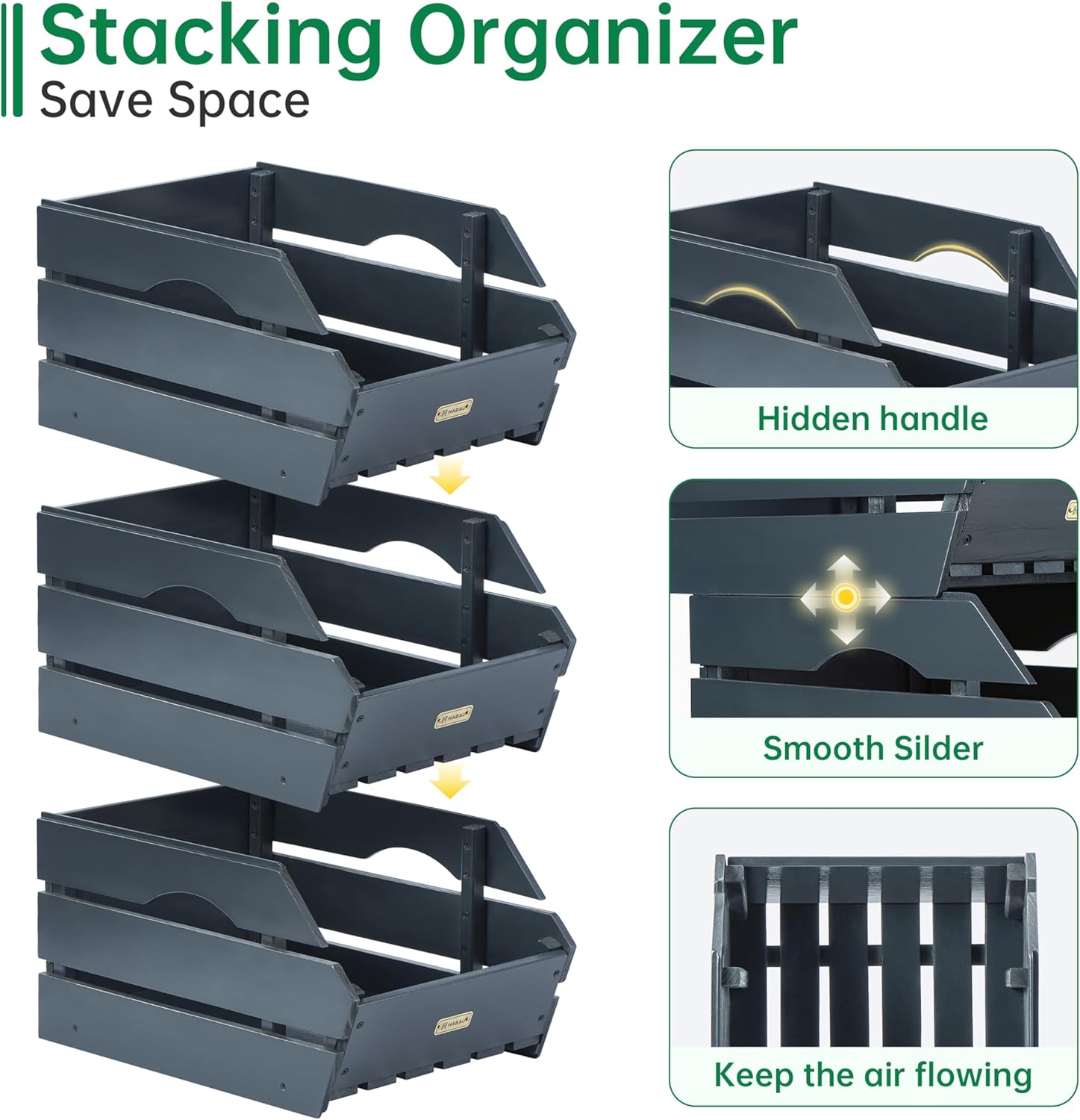 Wood Potato Onion Storage Bins - Wooden Stackable Produce Basket - Fruit Vegetable Storage for Kitchen Pantry Organization, Set 3 Pieces