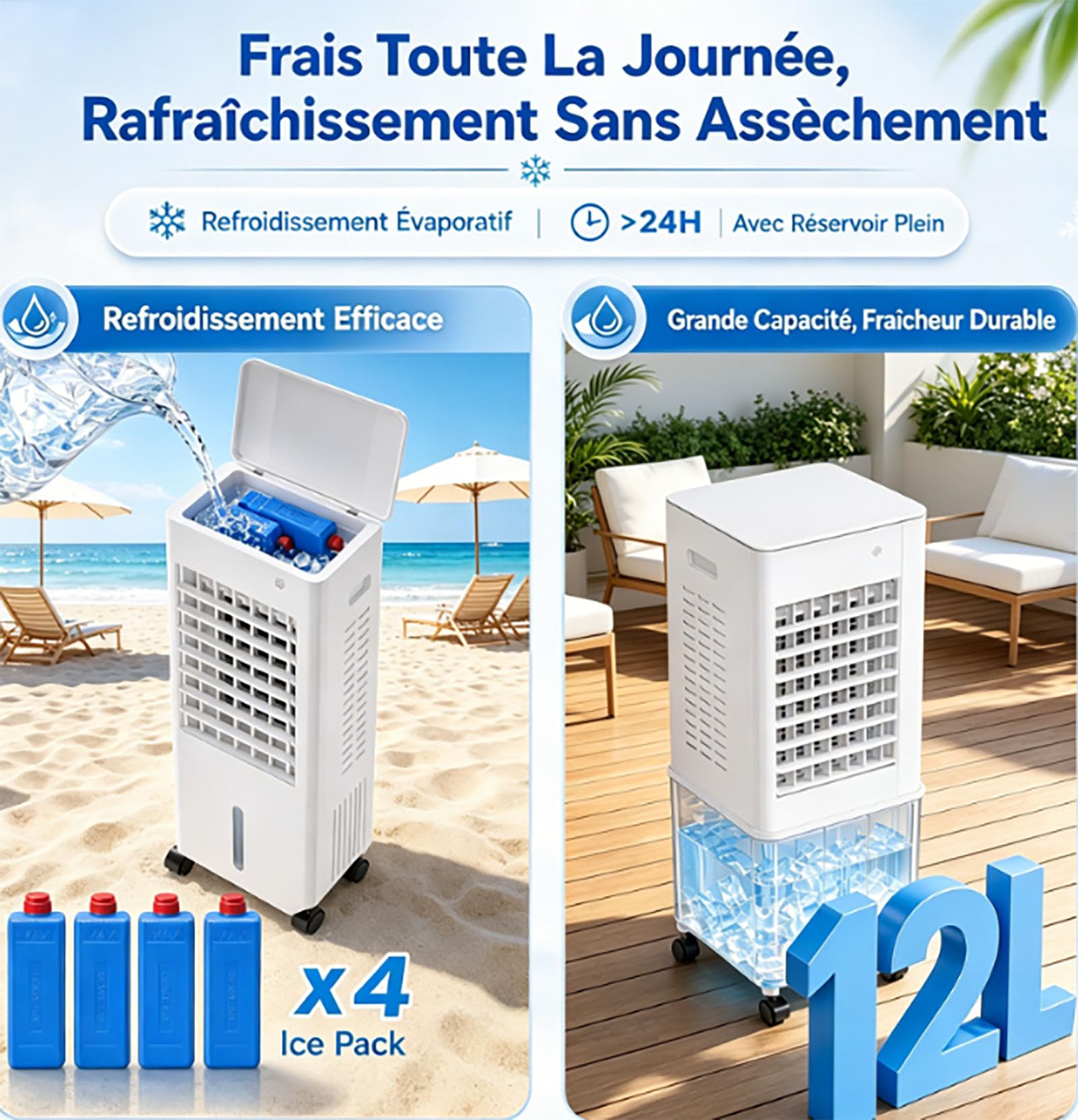 4-in-1 Portable Air Cooler, 12L Evaporative Air Conditioner No Hose, with 4 Ice Packs, 3-Speed Fan, Quiet Operation, 7.5H Timer, Humidifier & Air Purifier, Remote Control for Home & Bedroom