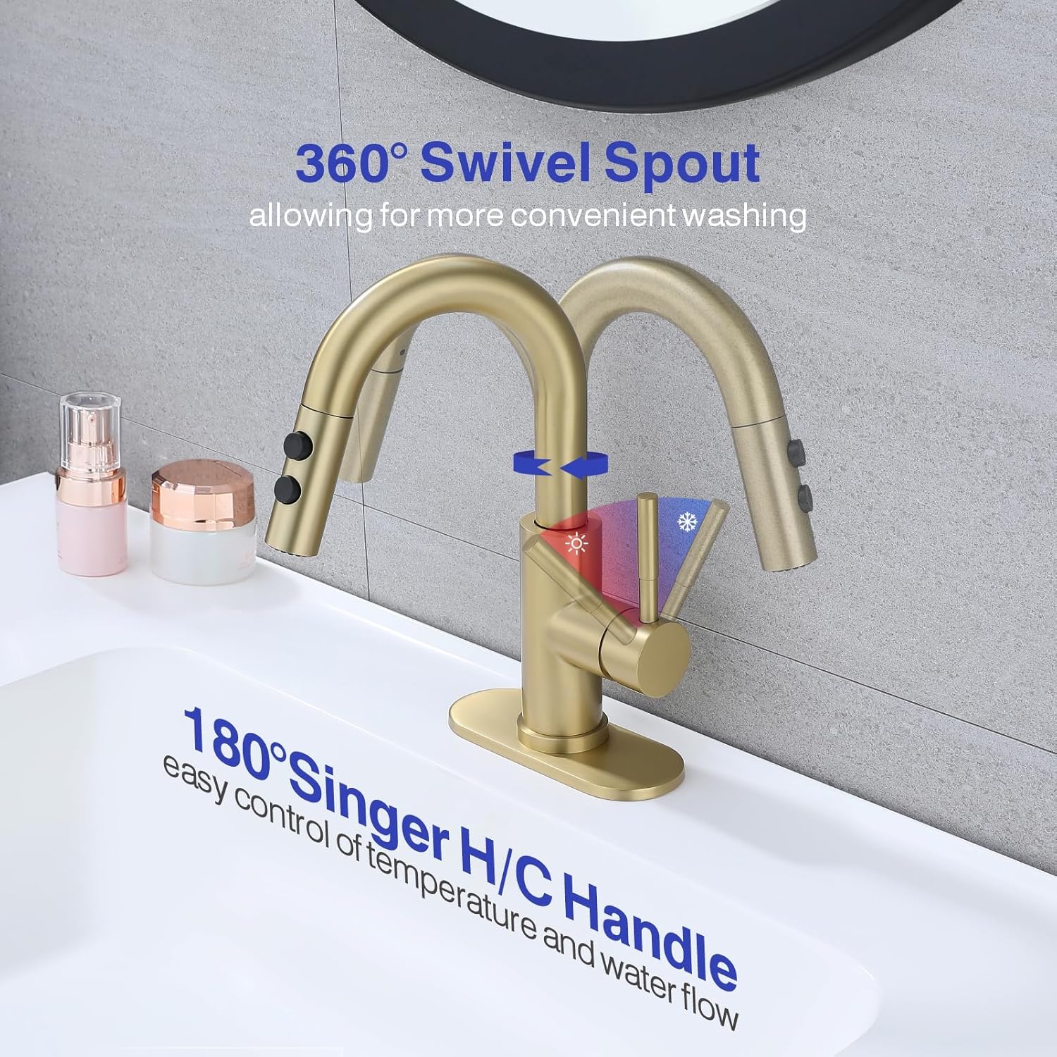 Bathroom Sink Faucet with Pull Down Sprayer, Brushed Gold Single Handle Pull Out Faucet with Pop-Up Drain, 1 or 3 Hole Laundry Bar Basin Faucet with Deck Plate, KBL-7002BG-CL - Image 3