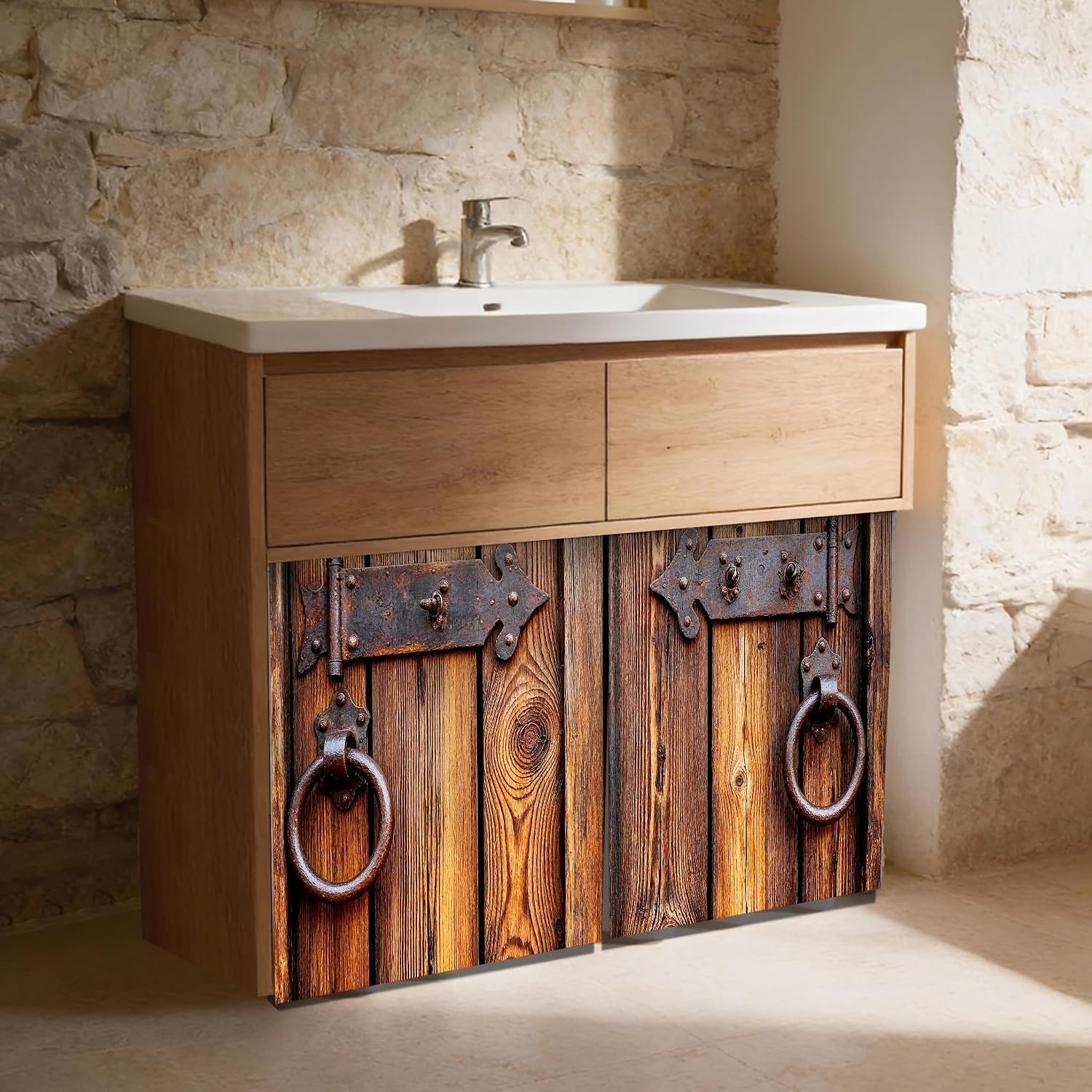 Under Sink Curtain 55.1 x 31.5 in Rustic Wood Door Sink Skirt | Under sink curtain with rustic wood door print for kitchen sink cabinet bathroom vanity and farmhouse storage cover