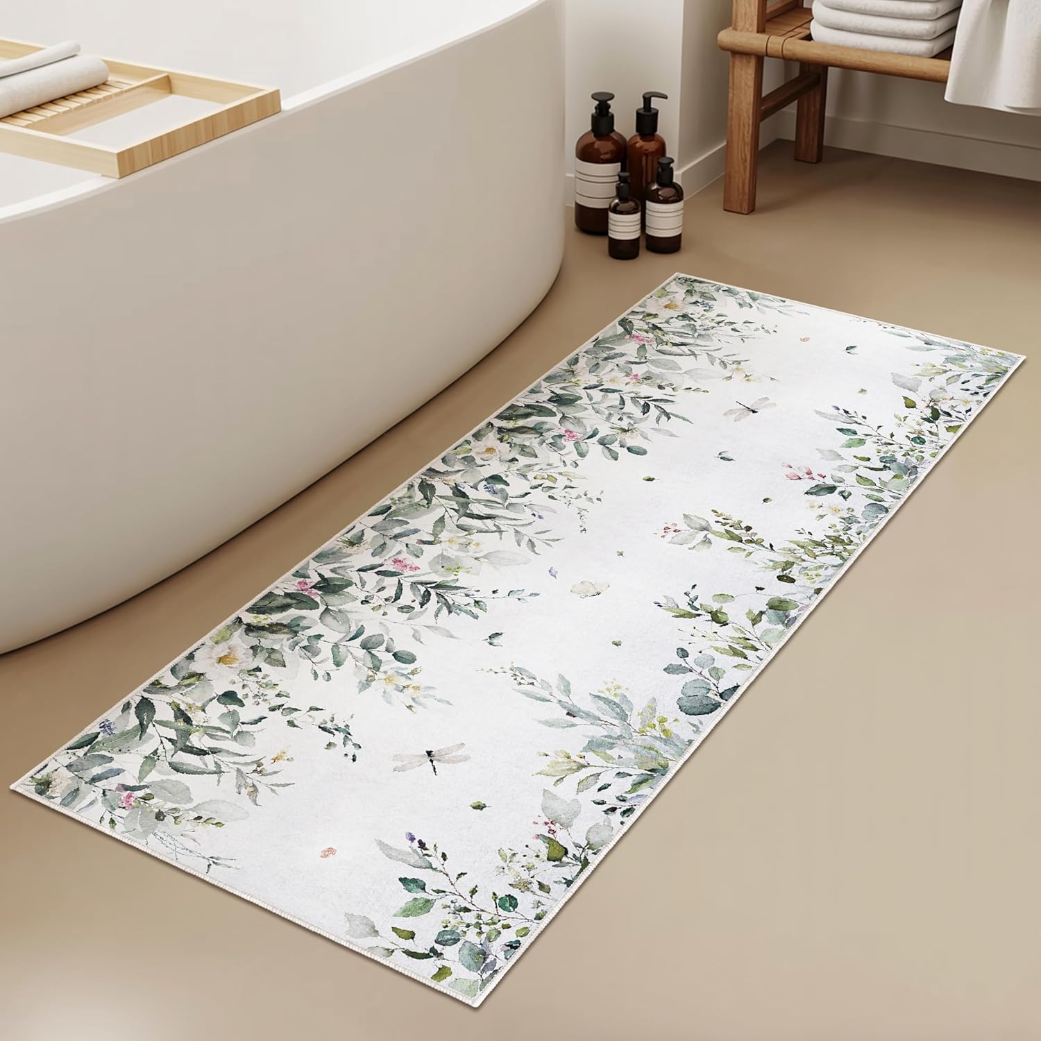 Xianshime Spring Eucalyptus Leaves Bathroom Runner Rug 24 x 60 Non Slip Sage Green Decor Absorbent Quick Dry Bath Mat Washable Soft Low Pile Bath Rug for Bathtub Sink Shower Laundry Room