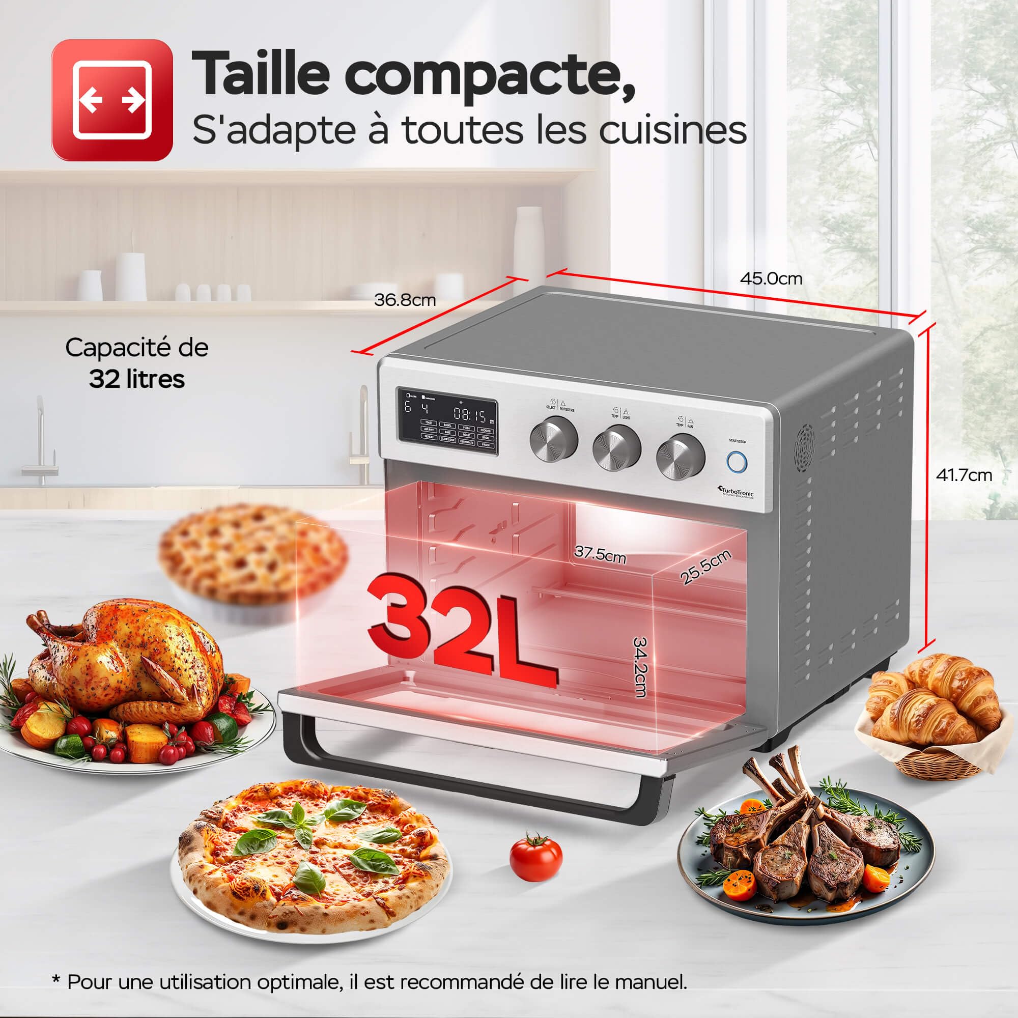 TurboTronic Four à Friteuse à Air, Horno de Aire Caliente Digital XXL 32L con Asador, 5 en 1 Mini Horno y Airfryer, Perfecto para Pollo, Deshidratador y Freidora sin Aceite