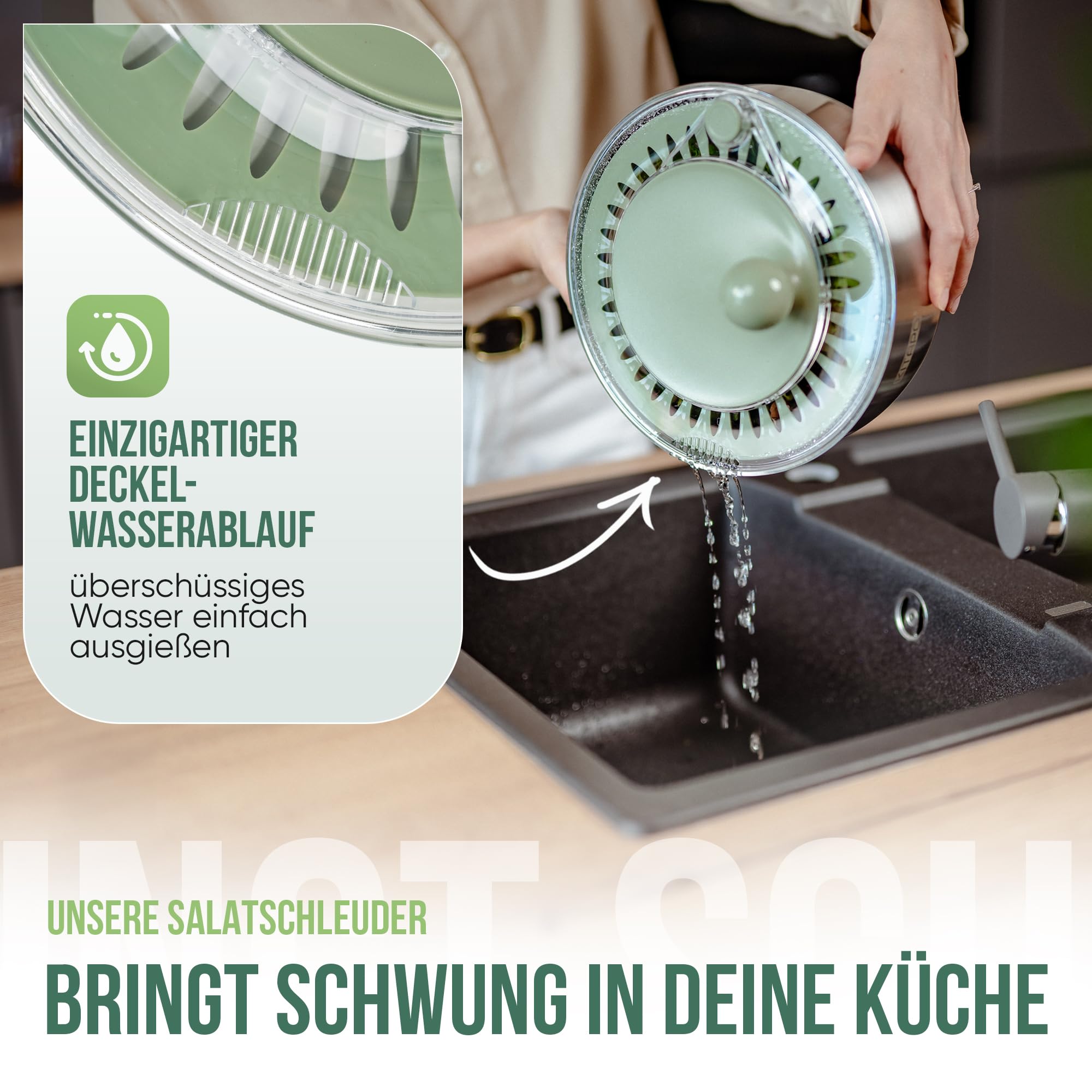 Salatschleuder Edelstahl mit Kurbelantrieb [2 in 1 Servierschüssel] 4,5l [Wasserauslass, Spülmaschinengeeignet, rutschfest] Salad Spinner Obstsschleuder hochwertige Salatschleuder groß