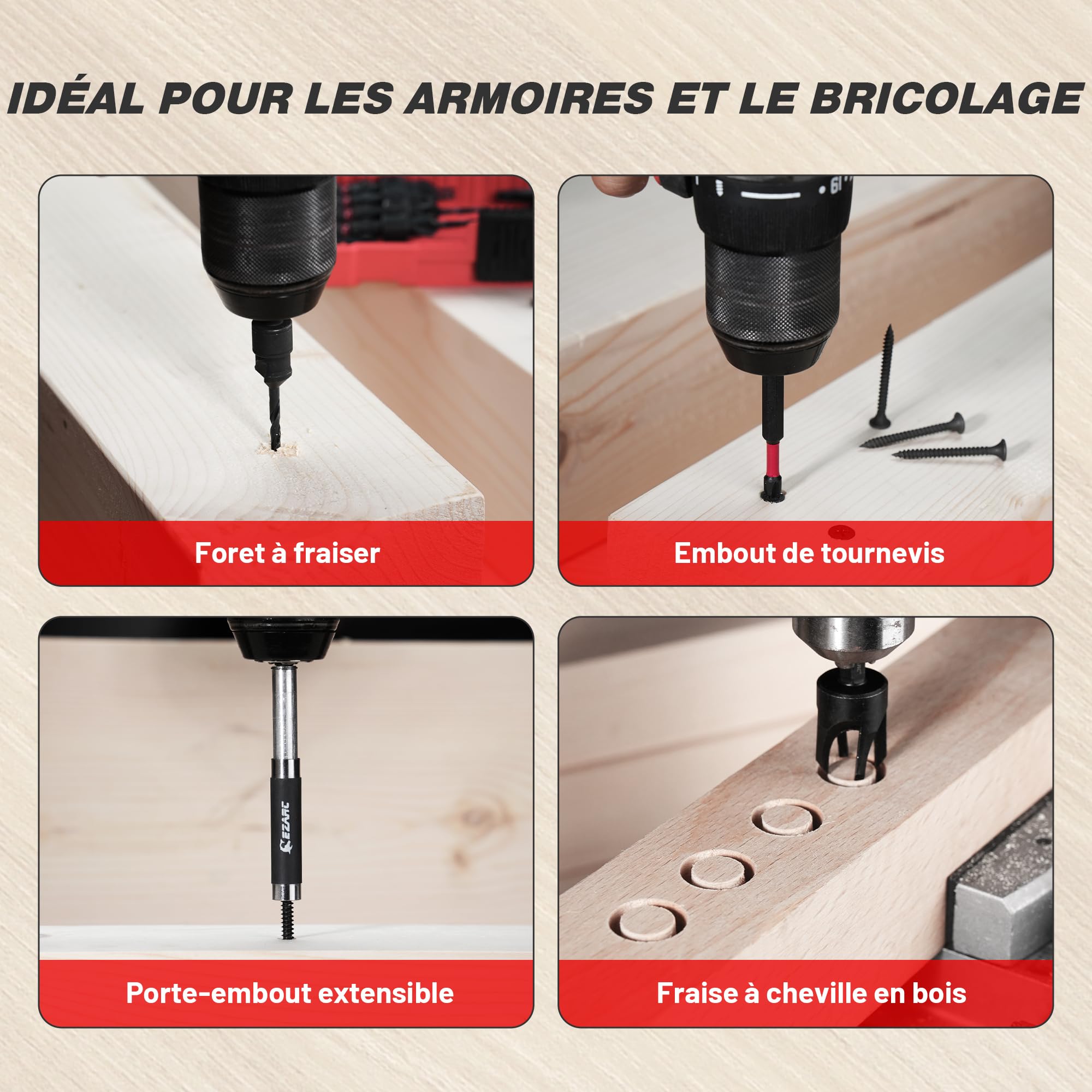 EZARC Ensemble de Forets Coniques, 22 Pièces Forets à Bois avec 2 Coupe-Bouchons en Bois,Porte-Bits à Extension Magnétique,1/4" Tige Hexagonale pour Travail du Bois avec Boîte