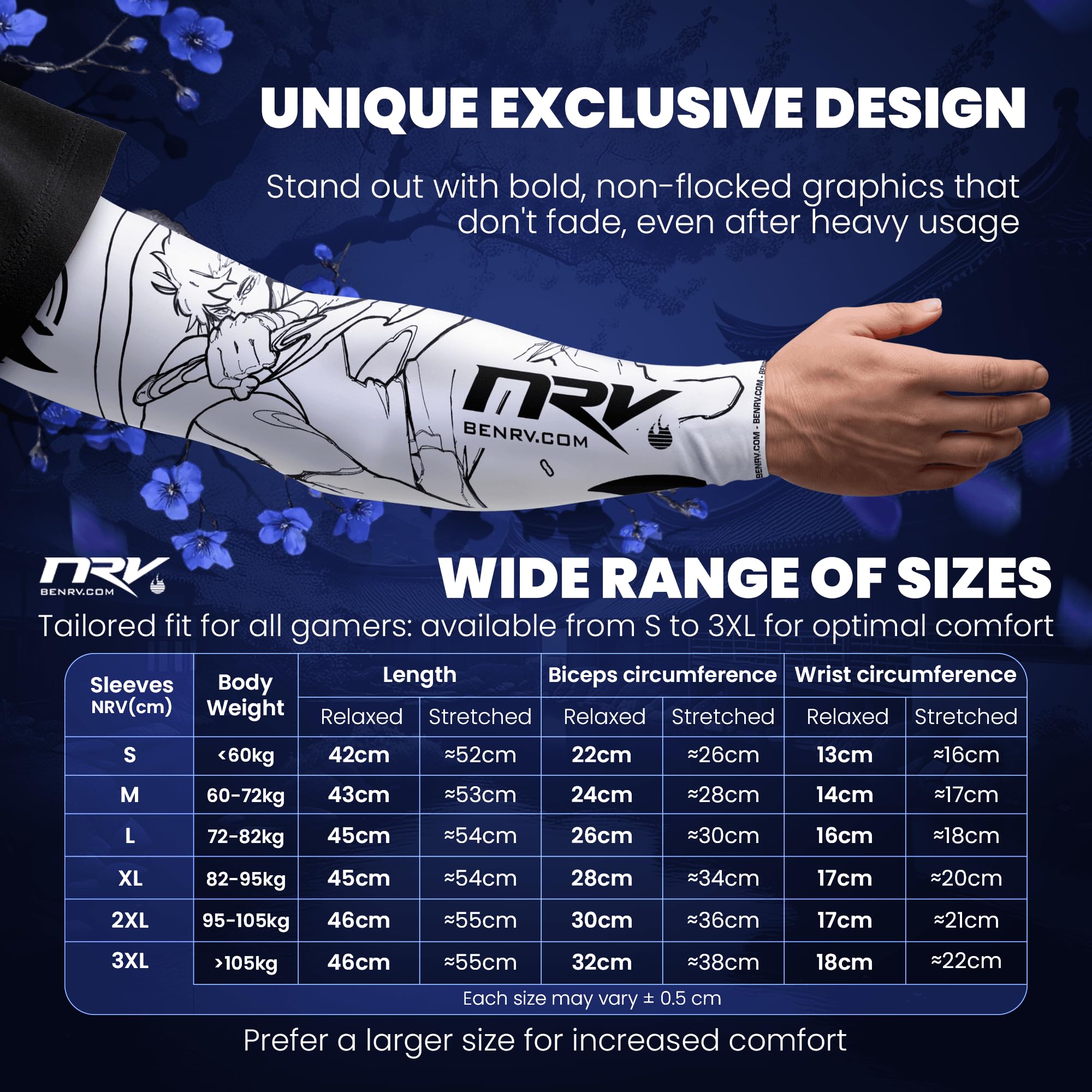 NRV Manchette Gaming eSport MasterPiece – Compression Confort & Contrôle – Anti-Friction – Inspiration Manga – Blanc & Noir – Taille S à 3XL