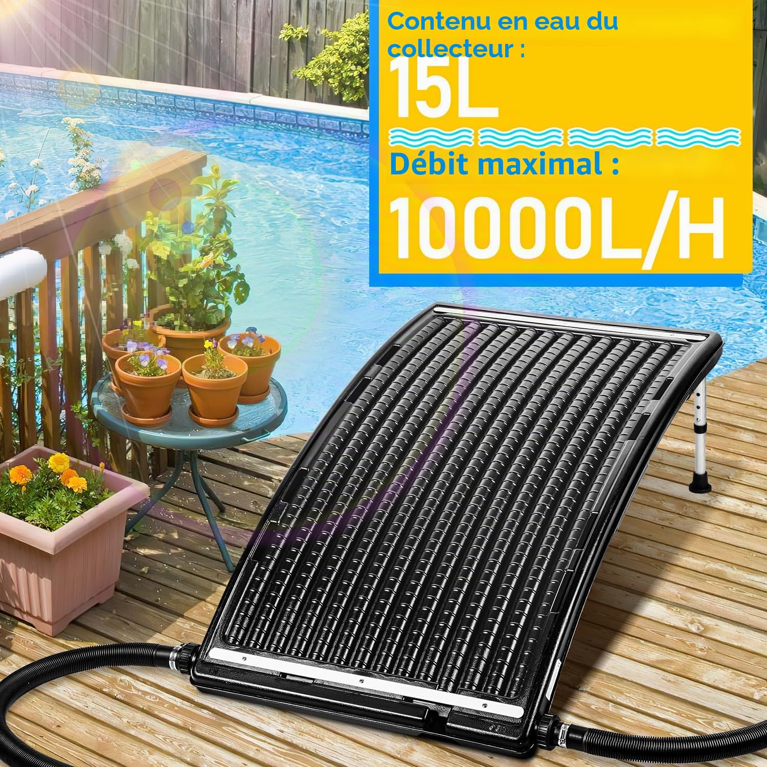 Chauffage solaire pour piscine x 1, chauffage solaire pour piscine collecteur solaire 110 x 65 x 35 cm, chauffe-piscine solaire réglable en hauteur pour piscines jusqu'à 10 000 L/H