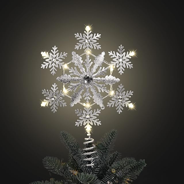 Valery Madelyn Glitter Christmas Tree Topper Decorations with LED Lights, Elegant White and Gold Metal Star Treetop, Battery Operated (Batteries are not Included), 13inch/33cm