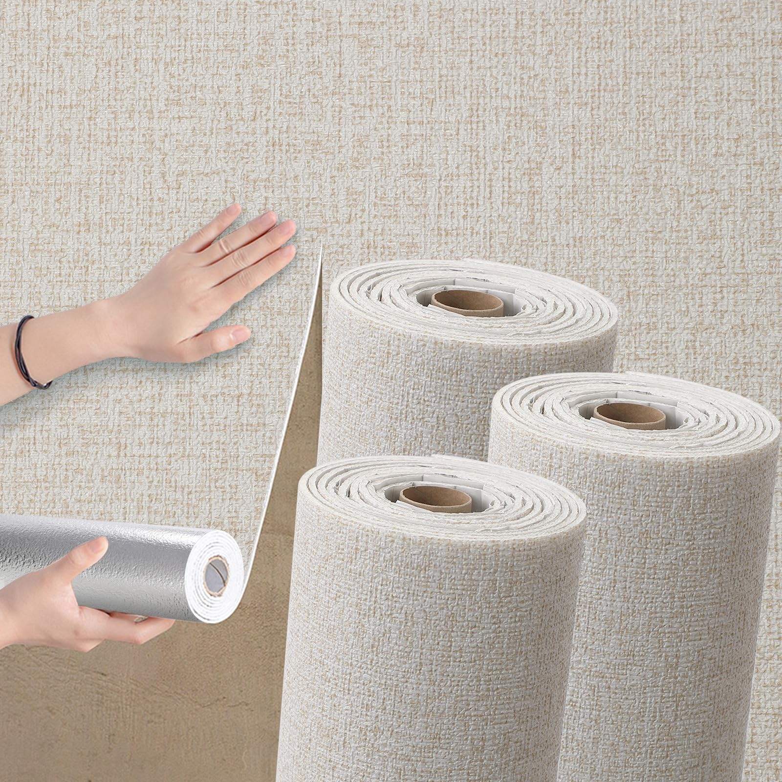 Takezuaa 3 Roll Self Adhesive Thermal Wallpaper 3mm Thick Beige Textured Peel and Stick Wallpaper PE Foam for Ceilings Bedroom Livingroom Waterproof Damp Proof for Bad Cold Walls 50cmx2.8m