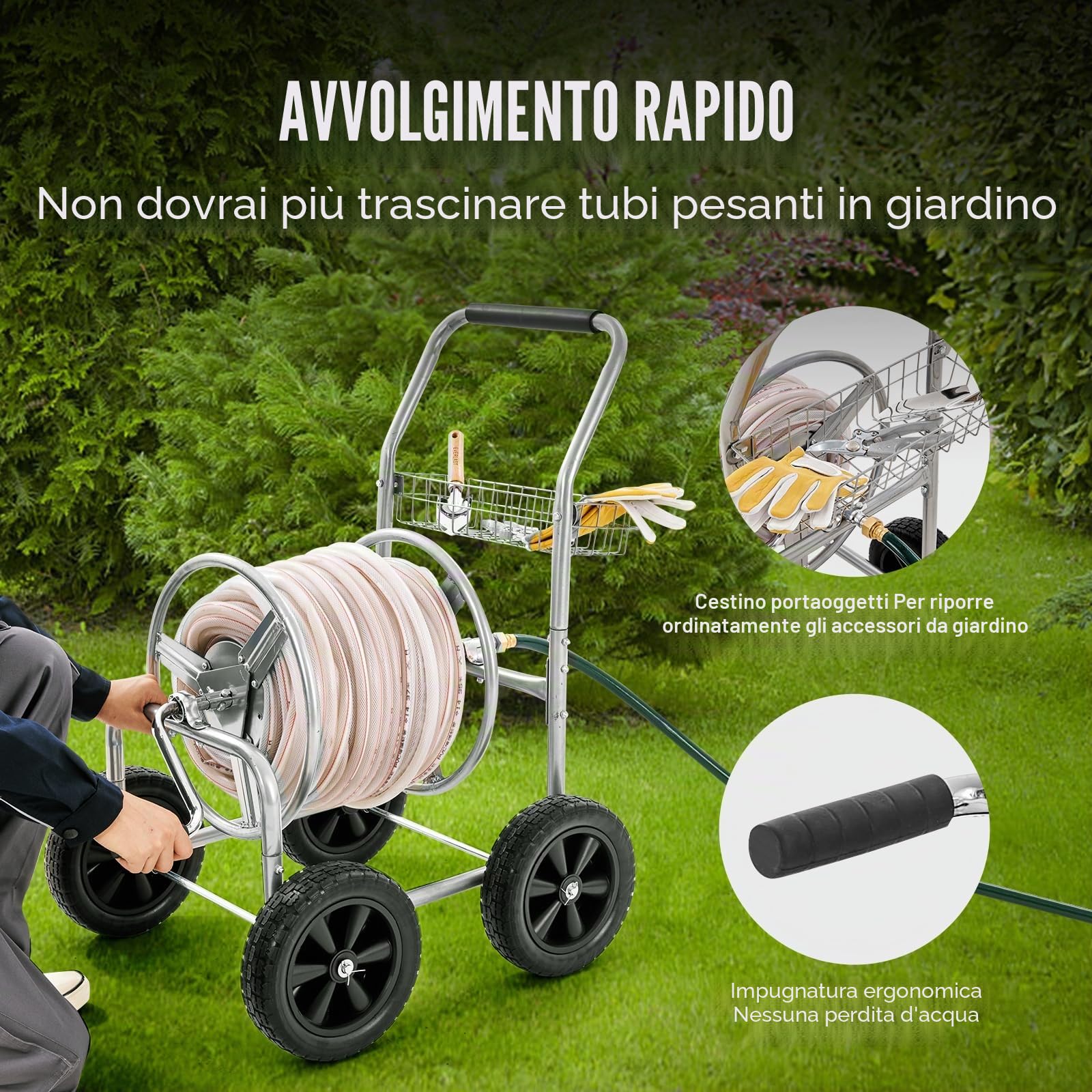 VEVOR Carrello avvolgitubo, può contenere fino a 250 piedi di tubo da 5/8", carrelli per tubi dell'acqua da giardino, strumenti mobili con 4 ruote, piantagione da esterno in acciaio verniciato a polve