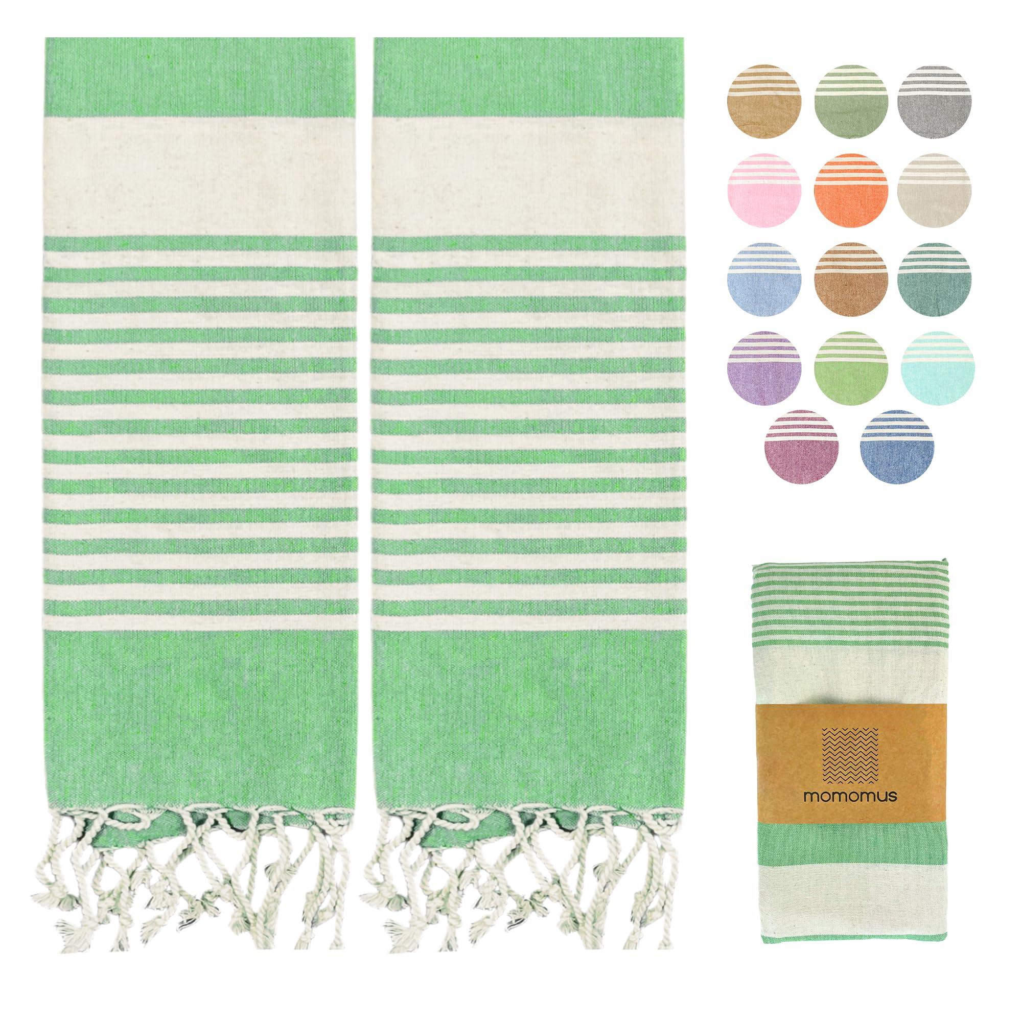 MOMOMUS Pack de 2 Foutas XL o Toallas de Playa Grandes de Algodón 100% - Absorbente, Ultrasuave, Compacta - Pareo y Toalla para Sauna, SPA y Piscina - Verde Manzana, 90x180cm