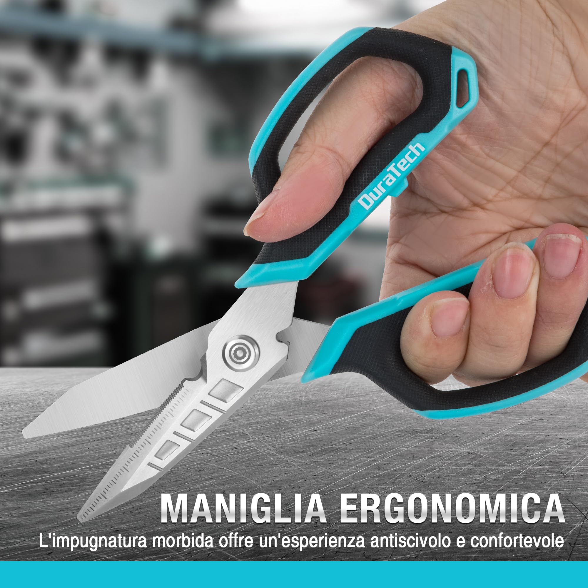 DURATECH Forbici Multifunzioni 4 in 1, Forbici Resistenti, Forbici in Acciaio Inox con Lama Curva e Seghettata, con Tronchese, Apriscatole e Cappuccio Protettivo, per Tessuto, Moquette, Pelle, Cartone