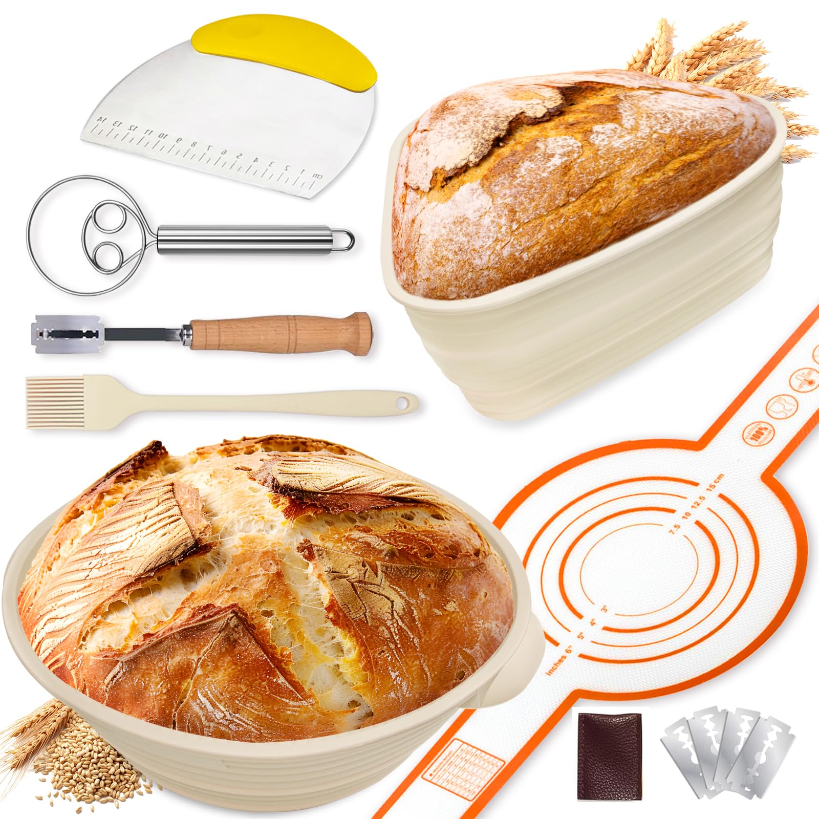 Gärkörbchen für Brot, Haomacro Silikon Gärkorb Sauerteig Starter Set, 2er Faltbar Gärkorb Brot Rund und Dreieckig, Brot Backen Zubehör inklusive Brot Sling, Dänischer Schneebesen