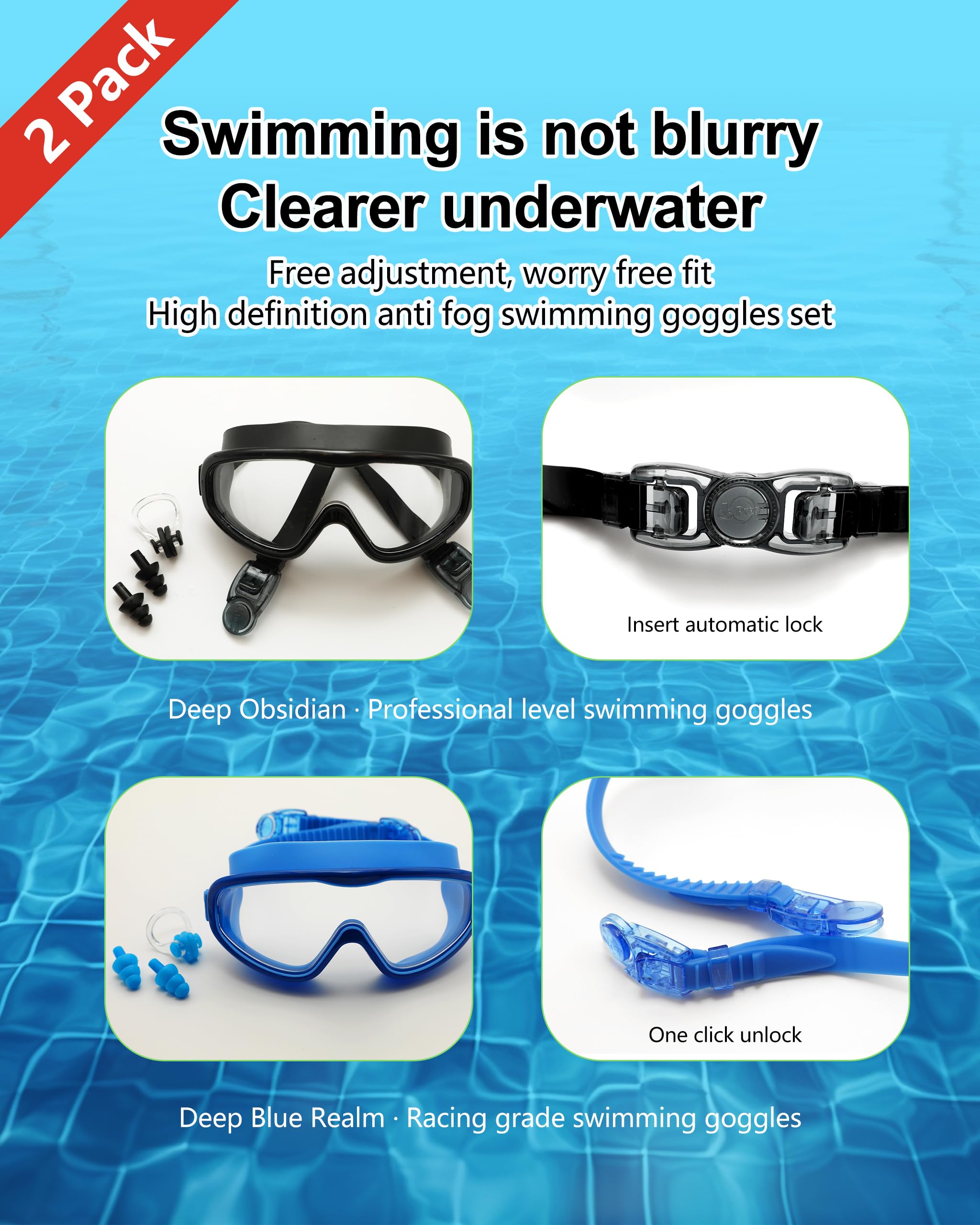 Gafas de natación con revestimiento antivaho, protección UV, paquete de 2 con tapones para los oídos, negro y azul